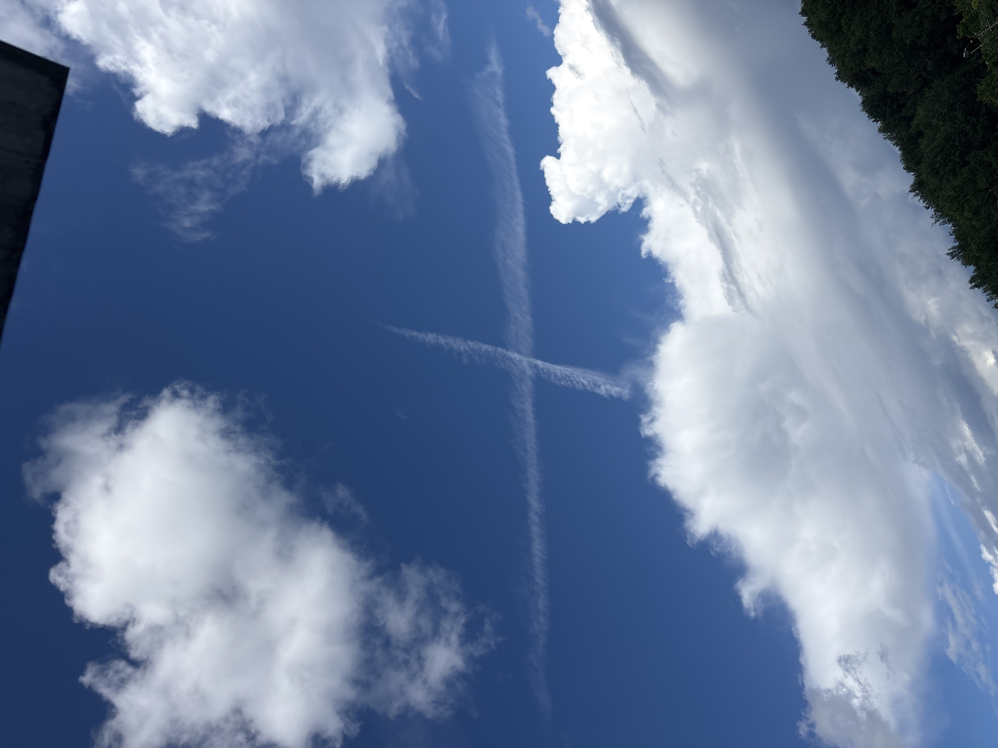 The image depicts a blue sky with scattered white clouds, partially obscured by a dark overhead structure. Two contrails intersect, forming a cross shape in the sky. One contrail runs horizontally across the image, while the other runs vertically, with its lower portion extending diagonally. Below the sky, a dense, dark green forest lines a sloping terrain. The scene appears to be an outdoor view of the sky and a natural landscape, possibly from a high vantage point or looking upwards. The location of Всеволодово, Russia, is not visually discernible from the image itself.
