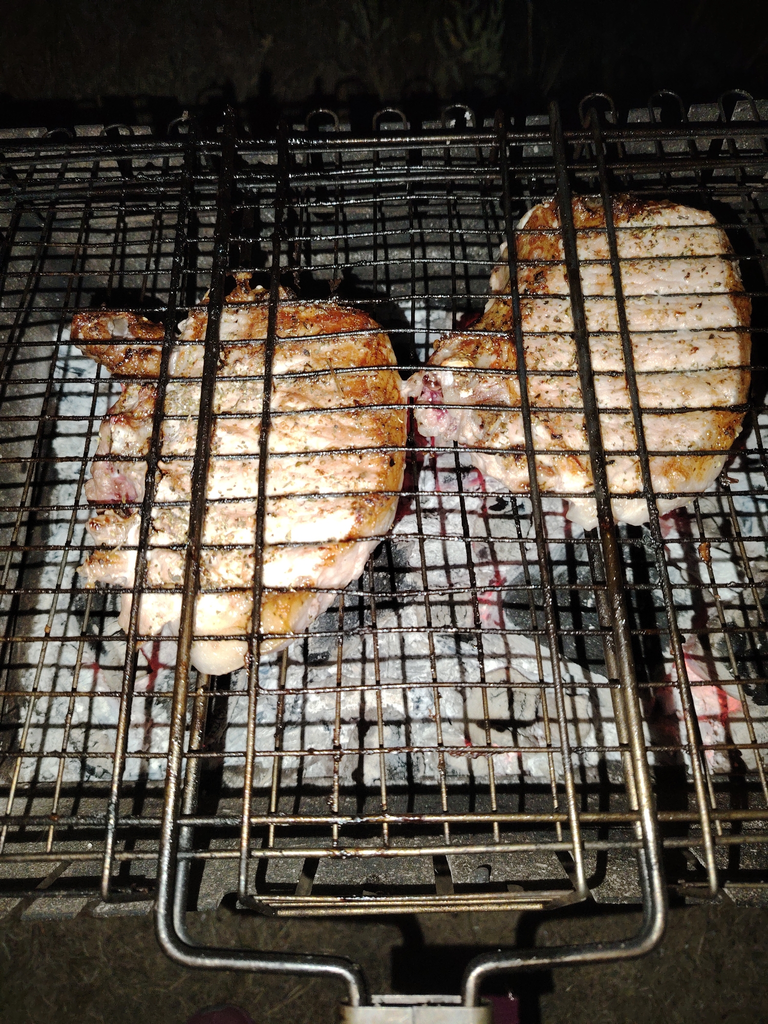 Two pork chops are being grilled on a metal grate over hot coals in the outdoor area of a private residence in Staiky, Ukraine. The chops are seasoned with herbs and spices and show grill marks from cooking. The lighting suggests it is nighttime.