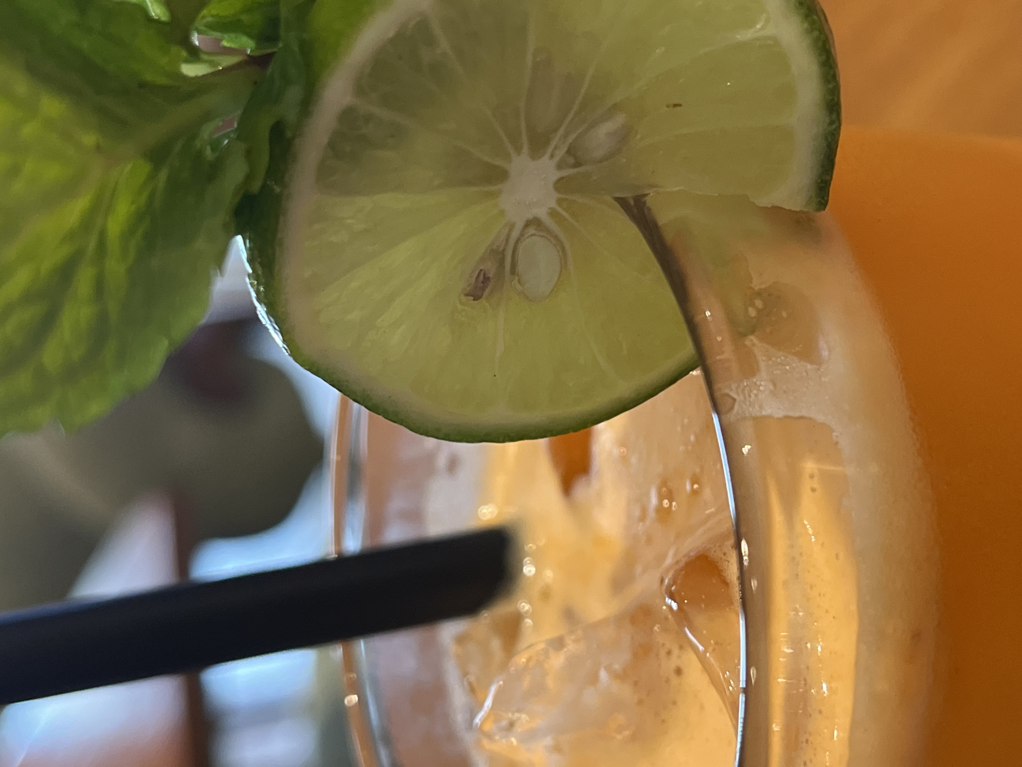 A close-up photograph shows a glass of iced tea, garnished with a lime slice and mint sprig. A black straw extends into the glass. The iced tea is an orange color with ice visible inside the glass. The photo appears to be taken in daylight. The location, Kuta Selatan, Indonesia, is only speculatory as there are no identifiable objects in the image to verify the location.