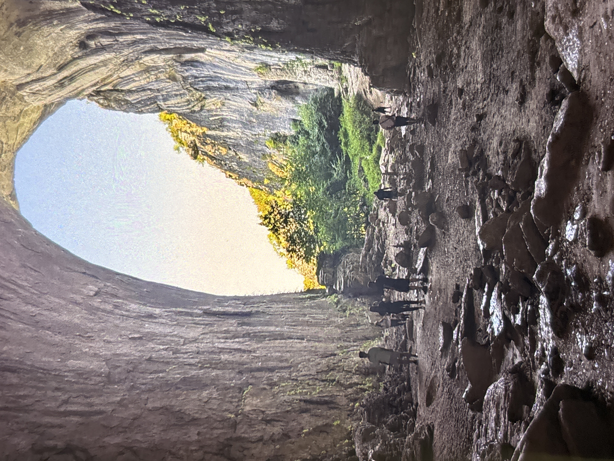 The image captures the impressive interior of a vast natural cave or rock archway, seen from within, looking towards its expansive entrance. When correctly oriented, the massive, irregular opening dominates the left side of the frame, revealing a bright, clear sky and vibrant green foliage illuminated by daylight outside.
The cave's walls and ceiling are characterized by layered rock formations, showcasing distinct geological strata and a rugged texture. Along the outer edges of the cave mouth and higher up the exterior rock faces, lush green vegetation flourishes, bathed in sunlight.
On the uneven, rocky ground inside the cave, several individuals are visible. There are approximately seven to eight people, mostly silhouetted against the bright light from the entrance. They appear to be tourists or explorers, dressed in casual attire, navigating the natural environment. The ground consists of earth and large, irregularly shaped rocks, some of which appear damp and reflective, indicating moisture.
The strong contrast between the shadowy cave interior and the brilliant light from the outside suggests it is daytime, likely late morning or early afternoon, under clear weather conditions. The sheer scale of the cave is emphasized by the small figures of the people, conveying a sense of natural grandeur. No visible text is present in the image.