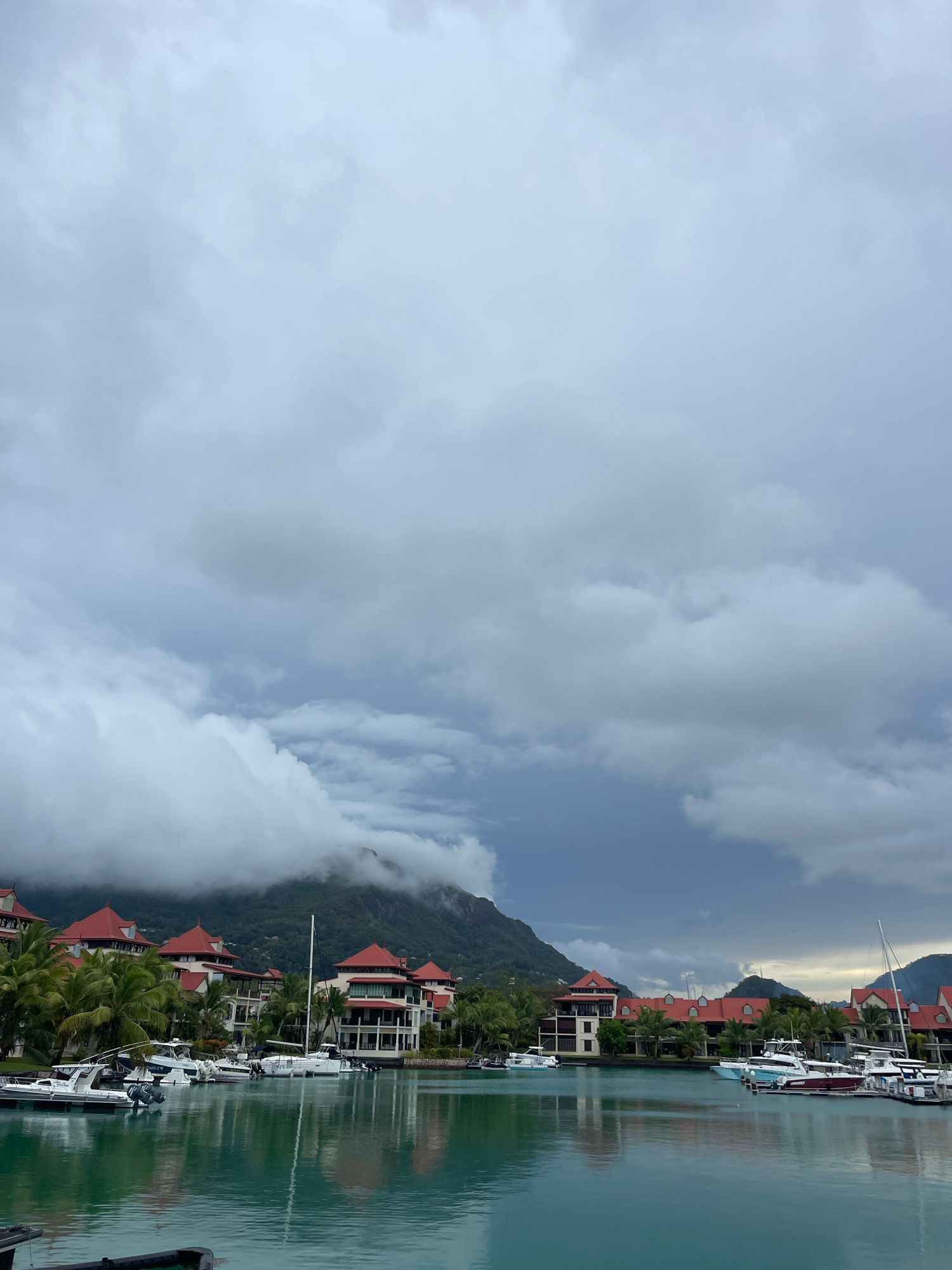 The image depicts a marina in Providence, Seychelles, under a cloudy sky. Several boats, including motorboats and sailboats, are docked in the calm, turquoise water. Along the waterfront, there are multi-story buildings with distinctive red-tiled roofs and balconies, set amidst lush green palm trees. In the background, a mountain shrouded in mist rises above the buildings. The scene conveys a sense of tranquility and tropical resort life.