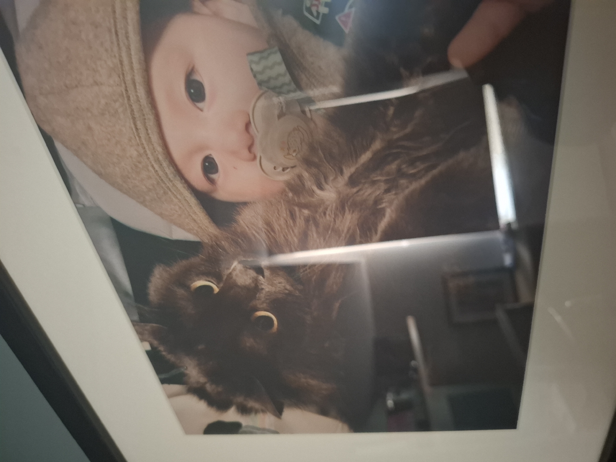 A photograph framed with a white matte and a dark frame displays a close-up of a baby wearing a tan, soft hat. The baby's eyes are open and dark, and a pacifier is in its mouth. Partially obscuring the baby is a dark-furred cat with bright yellow eyes. The cat's fur is long and fluffy, and its face is turned towards the camera. The background appears to be an indoor setting, with some blurred objects visible, suggesting a domestic environment. The image is a personal photograph and does not depict any specific location in the city of Vincennes, France.