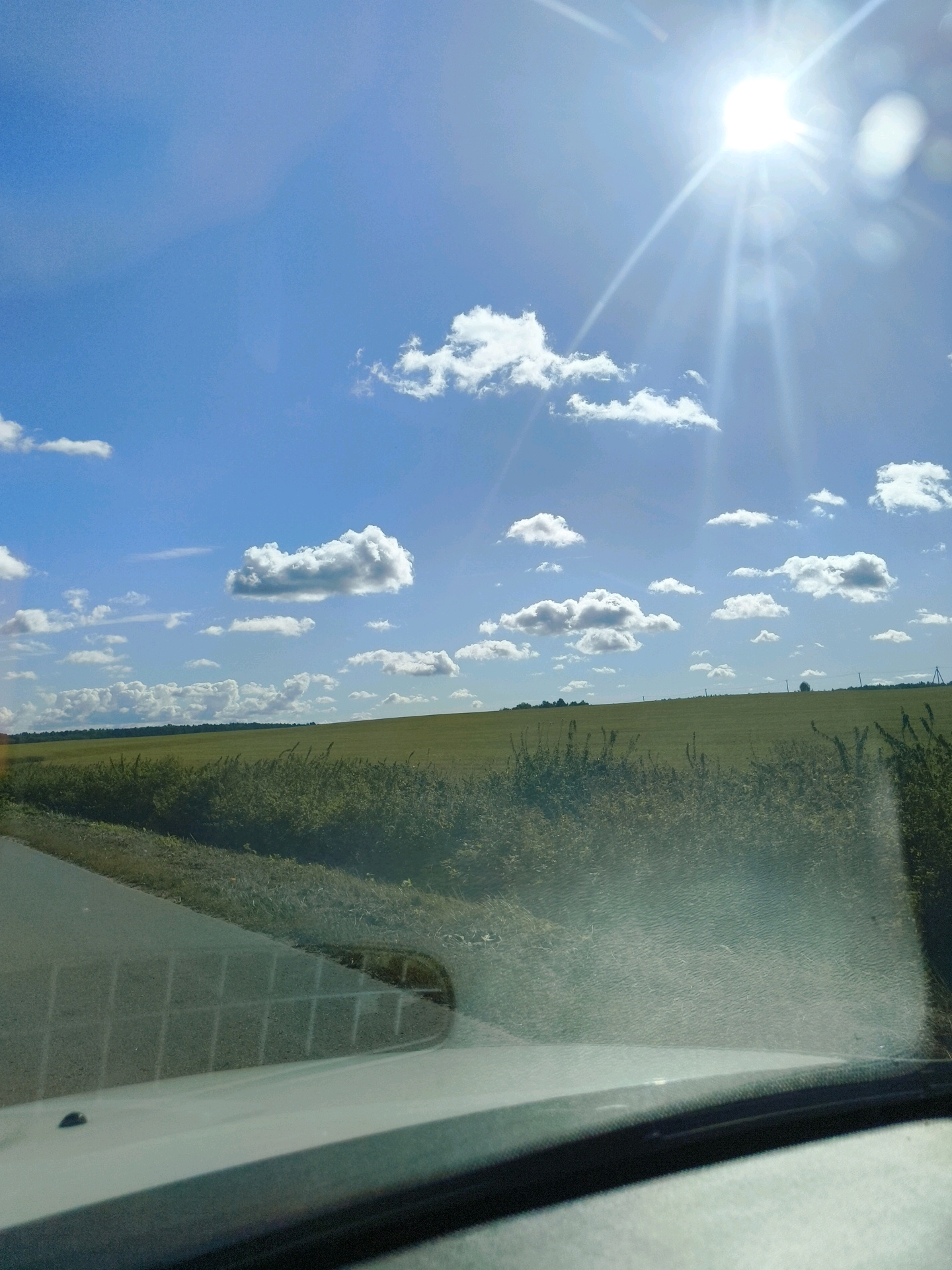A bright sun shines through a blue sky filled with fluffy white clouds. Below the sky is a vast, green field that stretches to the horizon. The field is bordered by a line of trees and what appear to be telephone poles. In the foreground, a part of a car's interior is visible, including the dashboard and windshield, which has a reflection of the sky and clouds. There are no people or animals in the frame. The image appears to be taken from inside a vehicle, driving through a rural landscape.