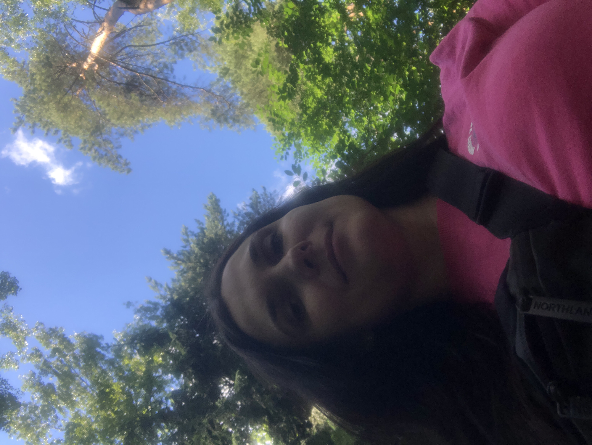 A low-angle, medium shot captures a young woman wearing a bright pink long-sleeved shirt and a black fanny pack. She has long, dark hair and is looking slightly upward. The background is dominated by a bright blue sky with scattered white clouds, framed by lush green trees and the trunk of a tall pine tree. The image appears to be taken outdoors, possibly in a park or forest, as suggested by the natural elements. The lighting indicates it is daytime, with sunlight filtering through the leaves. The woman's expression is neutral, and she is not interacting with anyone. The scene is a natural outdoor environment.