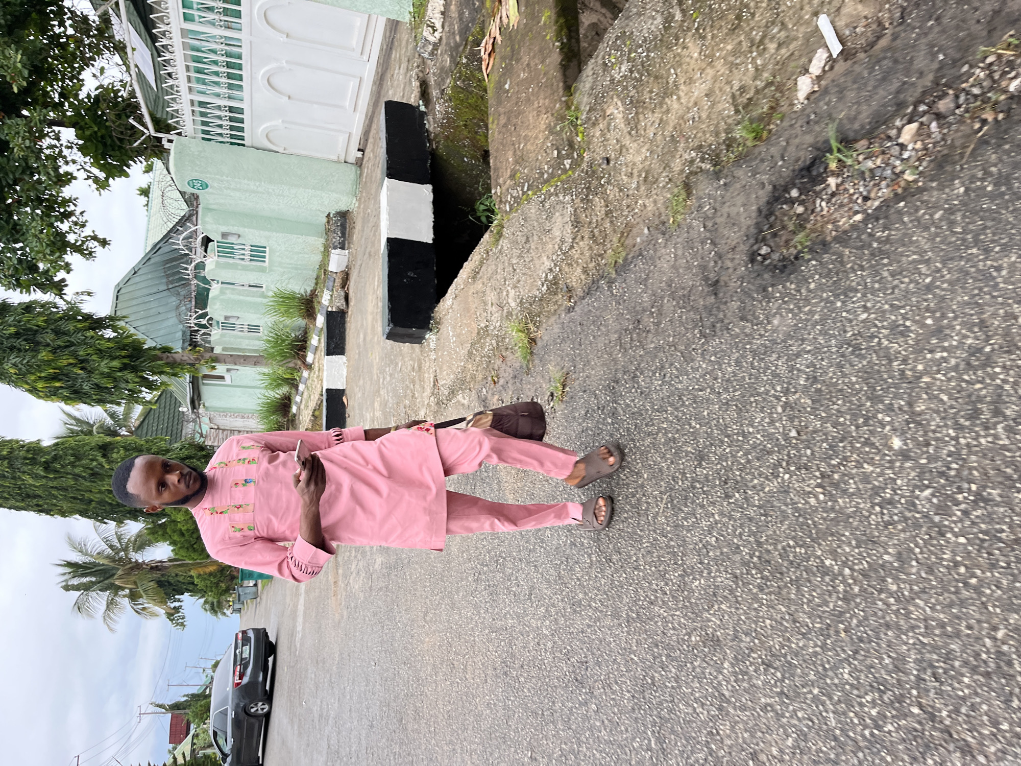 The image is a rotated outdoor photograph depicting a man standing on an asphalt road in Abuja, Nigeria, under an overcast sky. The man, positioned centrally, is dressed in a vibrant pink traditional outfit, consisting of a long-sleeved top with intricate floral or geometric embroidery on the chest, and matching trousers. He wears dark slip-on sandals and holds a white mobile phone in his left hand, appearing focused on its screen. A brown shoulder bag is slung across his back.
To the man's right, a concrete drainage channel runs alongside the road, its edge marked by distinctive black and white painted bollards. The channel contains some moss and small plants. In the background, several buildings are visible, characterized by their light green walls and white, ornate gates and fences, some featuring security barbed wire along the top. The house number "20C" is noticeable on one of the green building walls. Lush green vegetation, including tall trees resembling cypresses and palm trees, frames the scene. A dark-colored sedan is parked further down the road to the left. The overall impression is that of a typical street scene in a residential area, captured on a cloudy day.