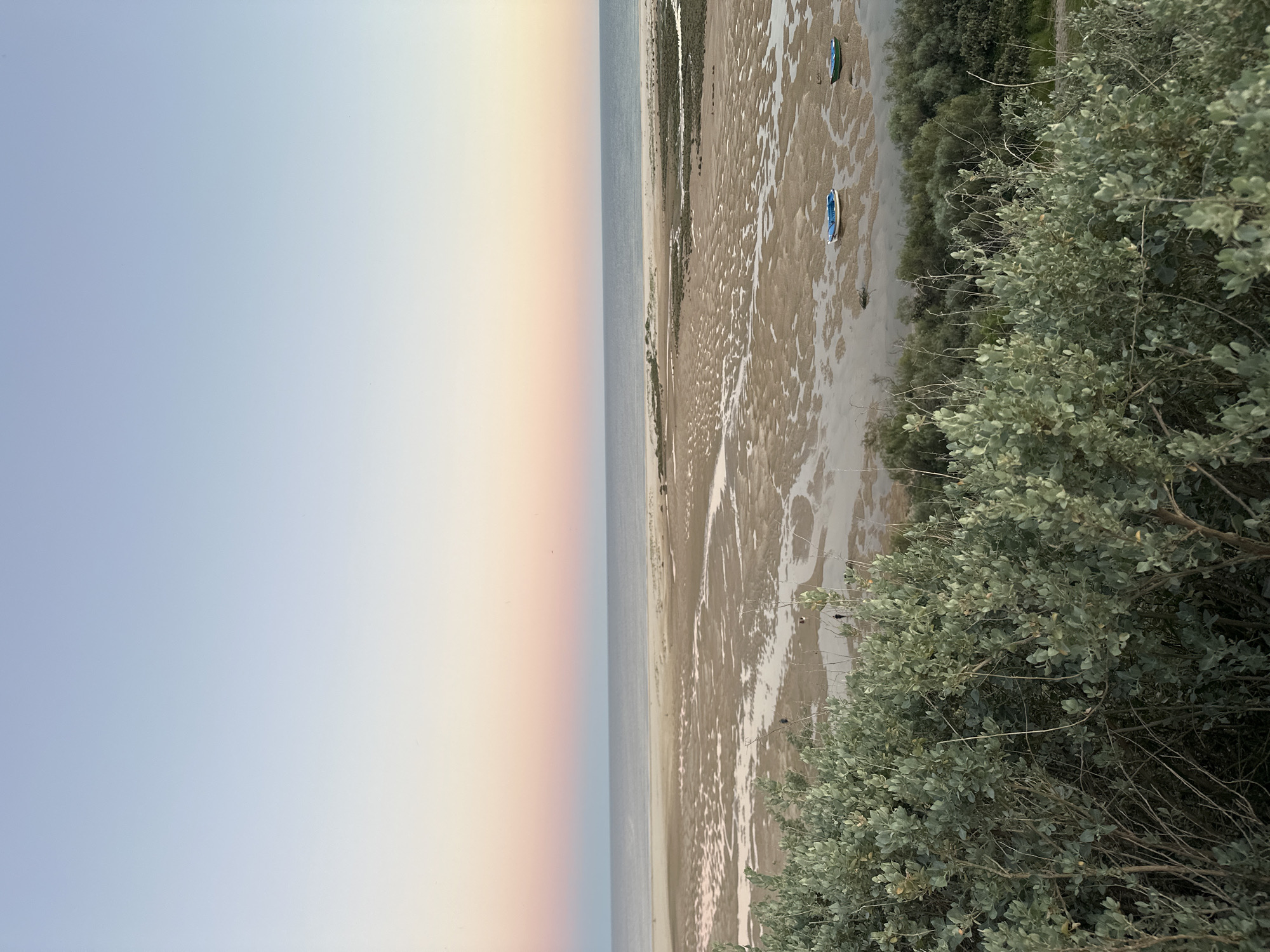 The image shows a beach landscape, possibly in Vila Real de Santo António, Portugal. The view is from an elevated position, partially obscured by a bush with gray-green leaves. To the left is the sky, transitioning from light blue to a soft orange-yellow as it nears the horizon. A pale rainbow is visible near the center. The sea meets a sandy beach. A large mudflat is prominent, interspersed with shallow pools of water. Two small, blue boats are visible on the mudflat. A strip of vegetation borders the mudflat.