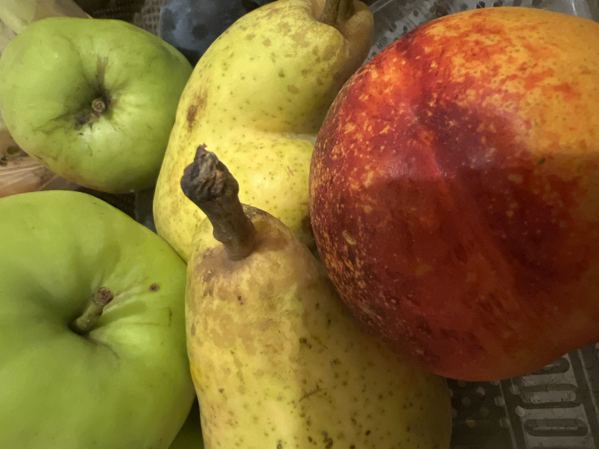 A close-up, high-angle shot captures a still life of several fruits, including two green apples, two yellow pears, and one red and orange nectarine. The fruits are arranged in a basket or container with a textured, gray bottom. One green apple is visible in the upper left, partially obscured by another fruit. To its right, a second green apple is seen from a top-down perspective, with a brown stem. In the center and lower portions of the frame are two yellow pears with brown speckles and visible stems. A single nectarine, predominantly red with streaks of orange and yellow, occupies the foreground, partially obscuring the pears. The lighting is soft and appears to be coming from above. The overall setting is an indoor environment, likely a kitchen or pantry, given the arrangement of produce. No people or specific city locations are identifiable.