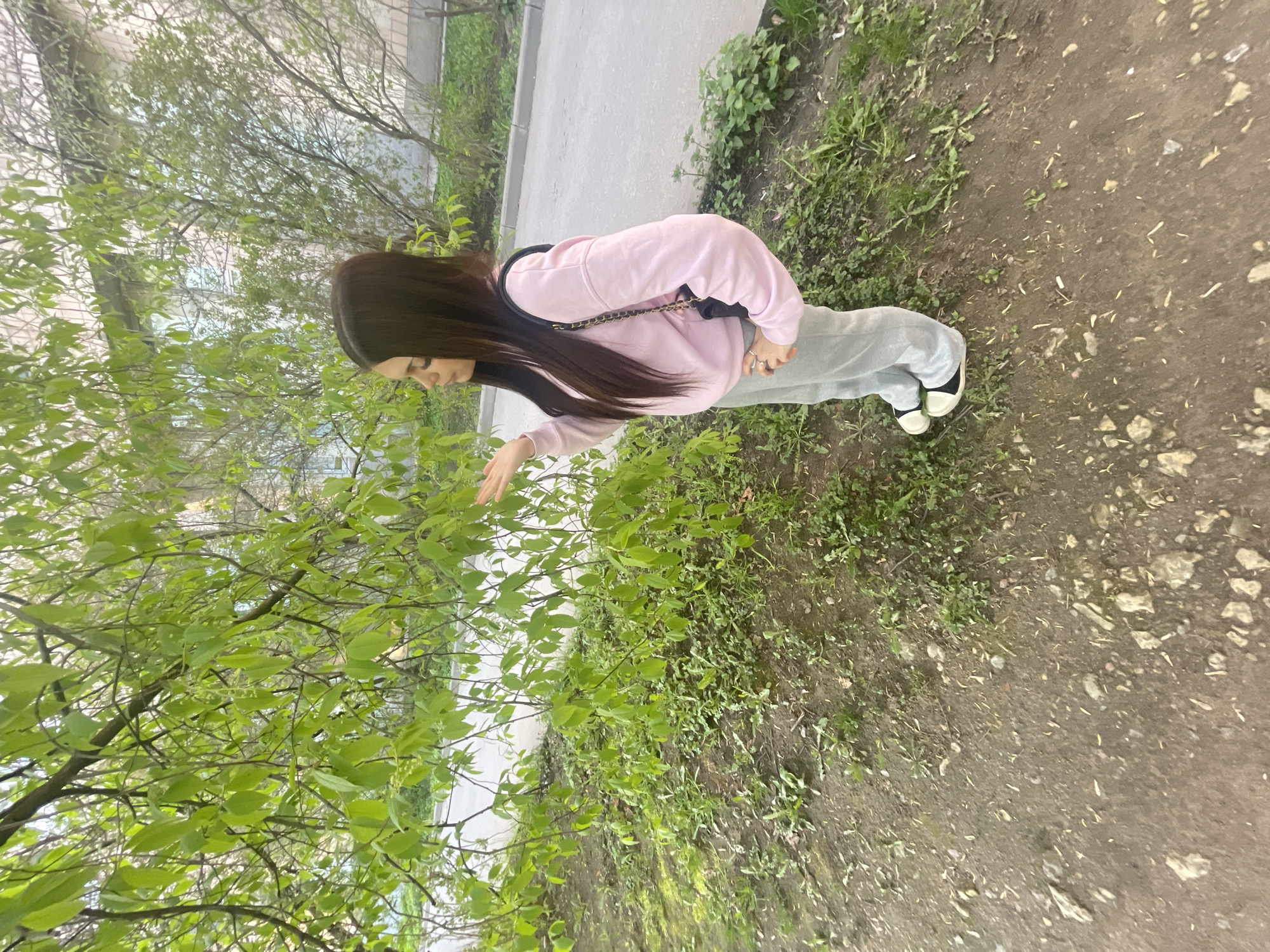 A young woman is standing next to a tree in an urban area. She has long, dark hair, is wearing a pink sweatshirt and gray sweatpants, and black and white shoes. She is standing on a patch of dirt and grass next to a sidewalk and appears to be touching the leaves of the tree with her right hand. The tree is full of green leaves. The location appears to be in the city of Unknown, Unknown.