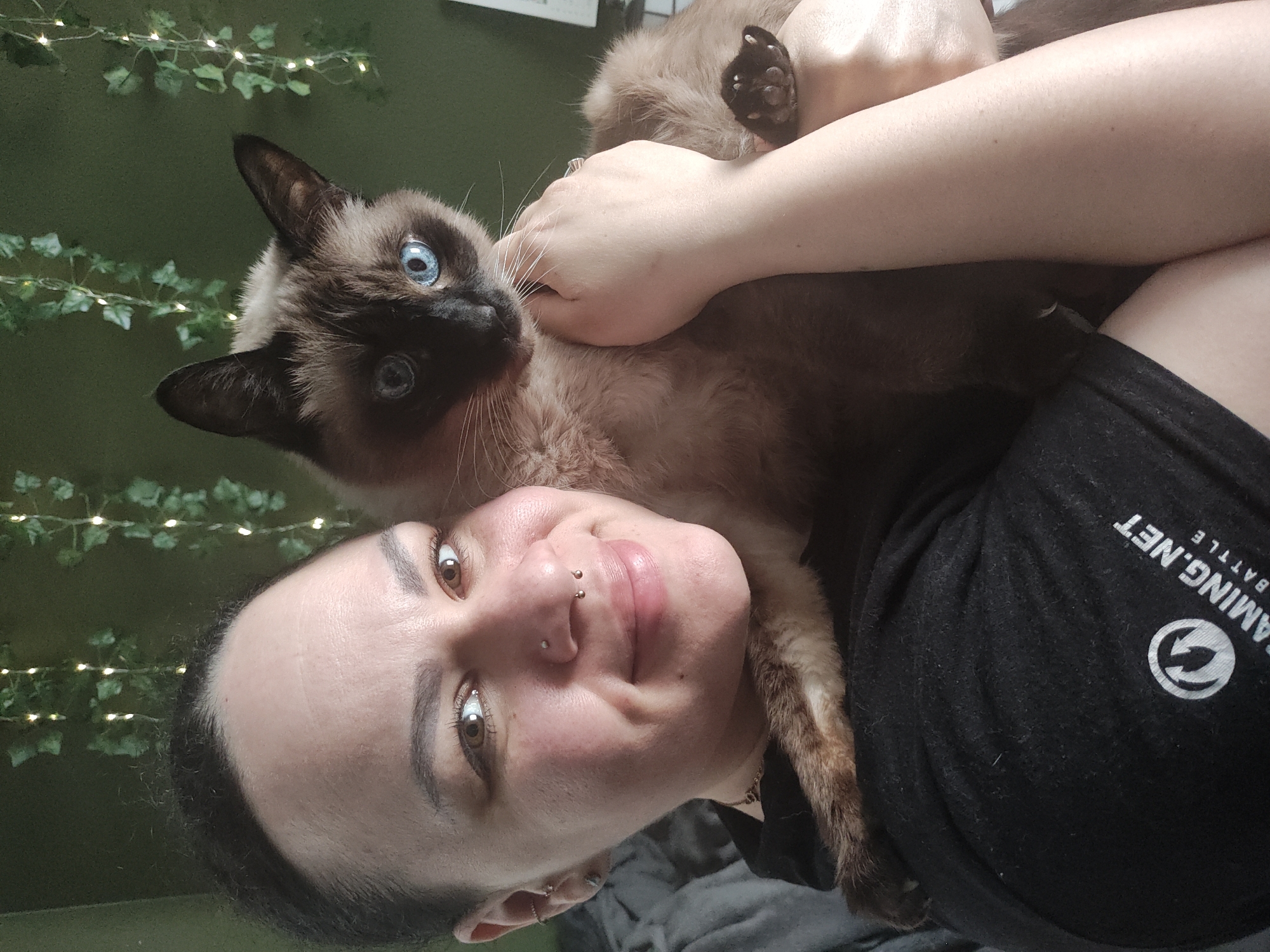 The scene depicts an adult female subject holding a cat in an indoor setting in Trebgast, Germany. The female, with brown eyes and dark hair pulled back, is facing forward and smiling. She has a silver stud piercing in her left nostril, a gold horseshoe septum ring, a silver helix hoop, and a silver stud in her left earlobe. A delicate gold necklace is visible. She is wearing a black short-sleeved t-shirt with a white logo on the right arm/shoulder area, which includes a circular graphic and text "GAMING.NET" above "BATTLE". Her right arm supports the cat.
The feline subject is a bicolor cat, likely a Siamese or similar breed, with seal point markings: dark brown fur on its face, ears, paws, and tail, contrasting with lighter tan fur on its body. It possesses striking blue eyes. The cat is positioned with its head near the woman's right shoulder, and its left front paw is visible, showing dark paw pads. Its fur appears dense.
The background consists of a solid green wall decorated with two vertical strands of artificial ivy intertwined with small, warm white fairy lights. A blurred grey object, possibly bedding or upholstery, is partially visible in the lower-left background.