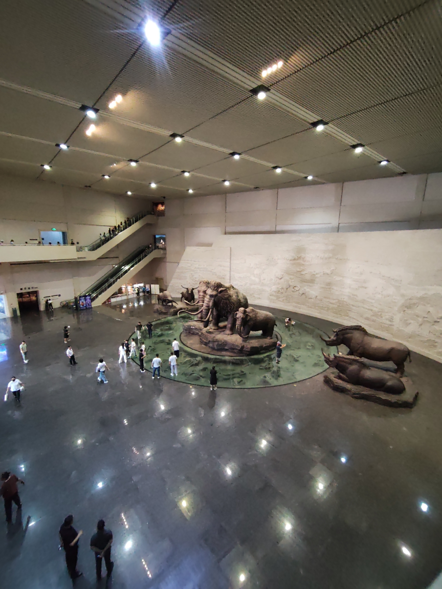 The image depicts the interior of a museum or exhibition hall in Longfeng District, China. The scene is a wide shot capturing a large, open space with a high, corrugated ceiling featuring numerous lights. In the center of the hall, a circular, shallow pool of water serves as a display for taxidermied or sculpted prehistoric animals, including mammoths and rhinoceroses. Several people are dispersed throughout the hall, some observing the exhibit, others walking or standing near escalators and information booths. The floor is dark and highly reflective, showing numerous light reflections. The walls are textured and light-colored, with some areas appearing to have carved or embossed designs. The overall impression is a modern, spacious public building, likely a natural history museum, dedicated to showcasing ancient fauna.