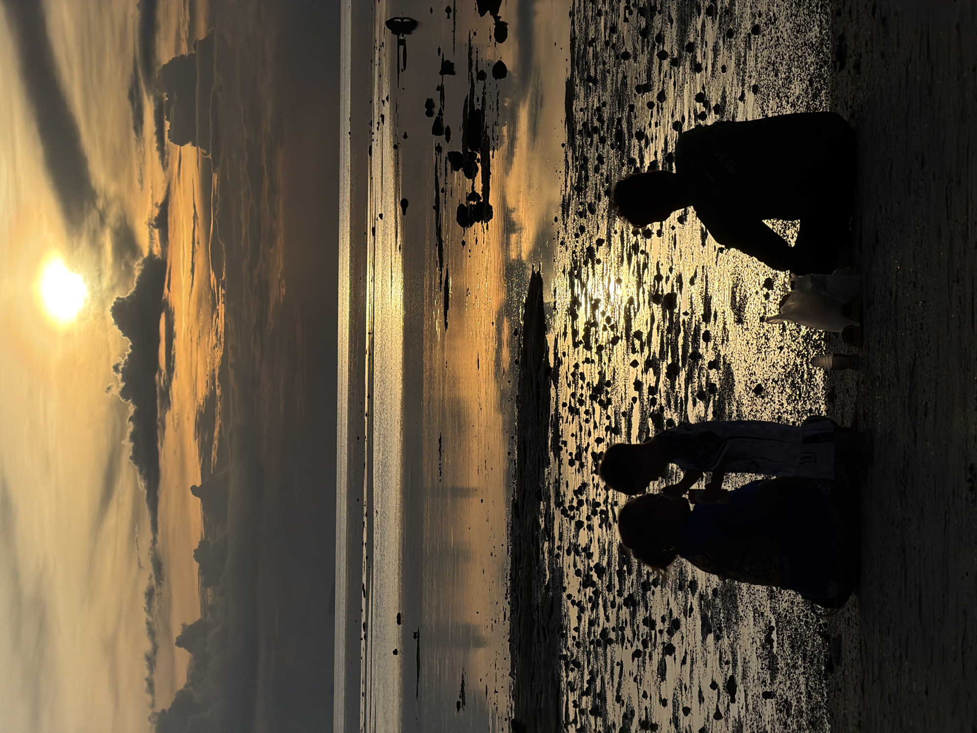 The media file shows a beach scene at sunset, with two people silhouetted against the warm glow of the setting sun. The sky is filled with dramatic clouds reflecting the sunset's colors. The beach appears wet and reflective, with dark rocks scattered across it, creating an abstract, painterly effect.
The subjects are two individuals, likely children, positioned in the foreground. One is crouching, and the other is standing next to them. They are both silhouetted and their features are not discernible. The activity appears to be contemplative or playful, with the children interacting with the beach environment. The overall mood is serene and peaceful, enhanced by the beautiful sunset.
The time of day is clearly sunset, indicated by the low angle of the sun and the warm, golden light. The weather appears to be clear with scattered clouds. The location cues suggest a tropical beach with wet sand and possibly tidal pools or shallow water reflecting the sky. The reflections on the wet sand are a prominent visual detail, adding depth and texture to the scene. There is no visible text in the image.