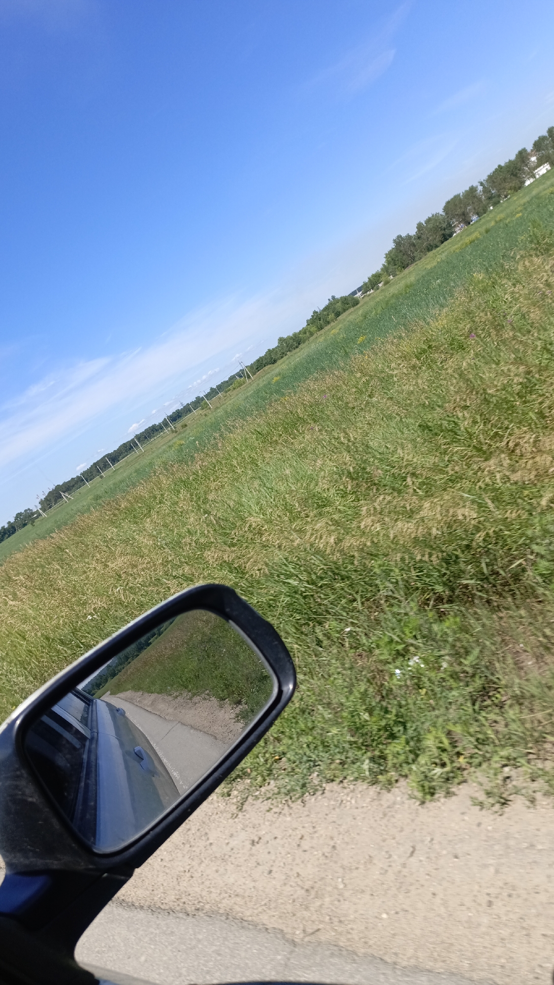 The image captures a view from a vehicle traveling on a paved road adjacent to a grassy field under a clear blue sky. A side-view mirror in the foreground reflects the road behind the vehicle, showing a gray car. The field is predominantly green with some patches of brown, suggesting dry grass or crops. In the distance, a line of trees borders the field, and power lines are visible extending across the landscape. The scene appears to be in a rural or semi-rural area, likely outside of the immediate urban center of Meget, Russia, given the expansive fields and natural surroundings. The lighting indicates it is daytime, with the sun casting a clear light on the scene.