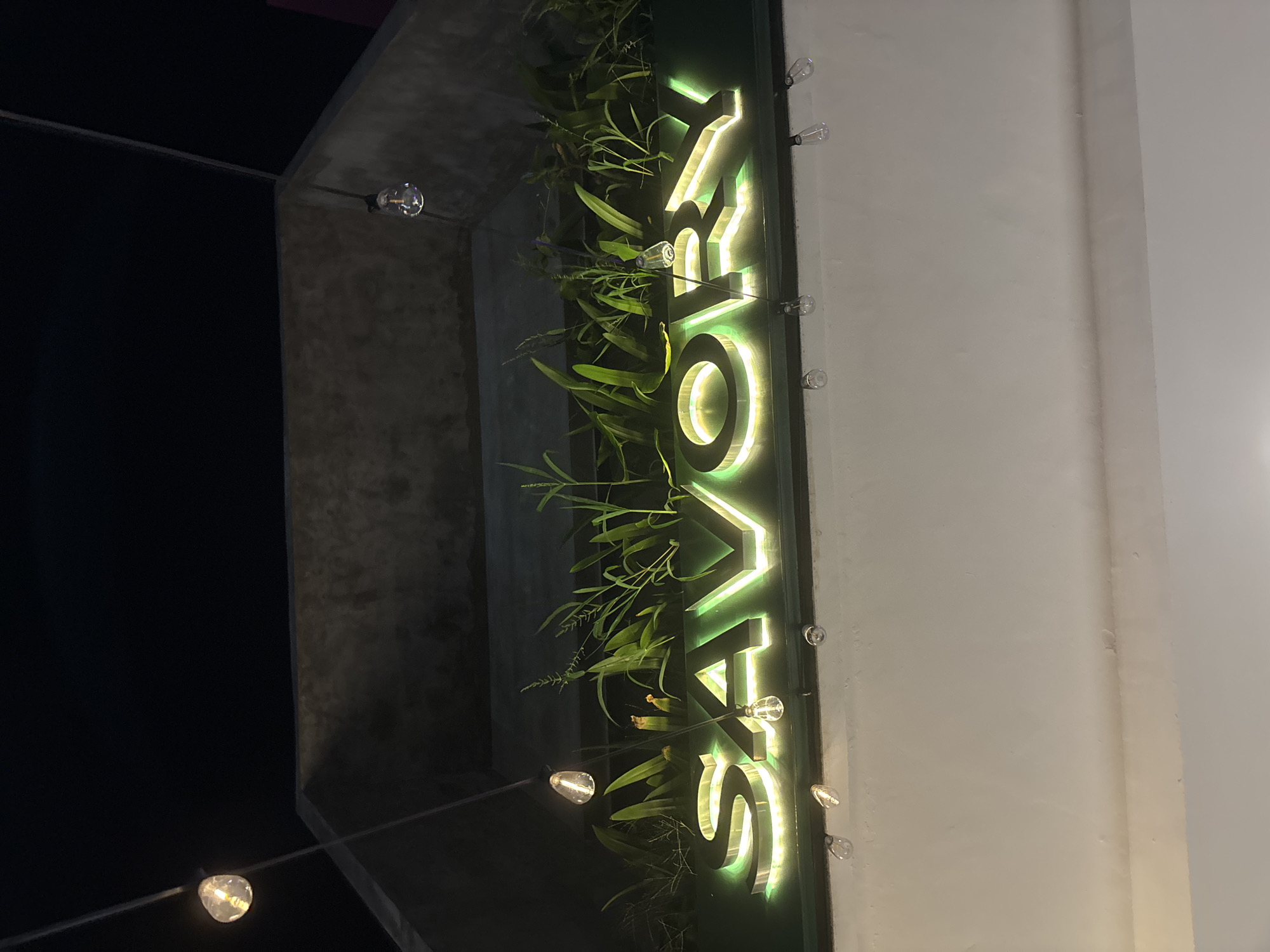 A vertical, eye-level shot depicts the signage "SAVORY" illuminated in bright green neon letters set against a backdrop of lush green foliage. The sign appears to be attached to a light gray concrete structure, possibly a wall or building facade, with small incandescent bulbs strung along the edge. The background transitions from deep black on the left to a plain white surface on the right. A partial view of a concrete structure with exposed aggregate and a dimly lit exterior. This is located in Kuta Selatan, Indonesia.