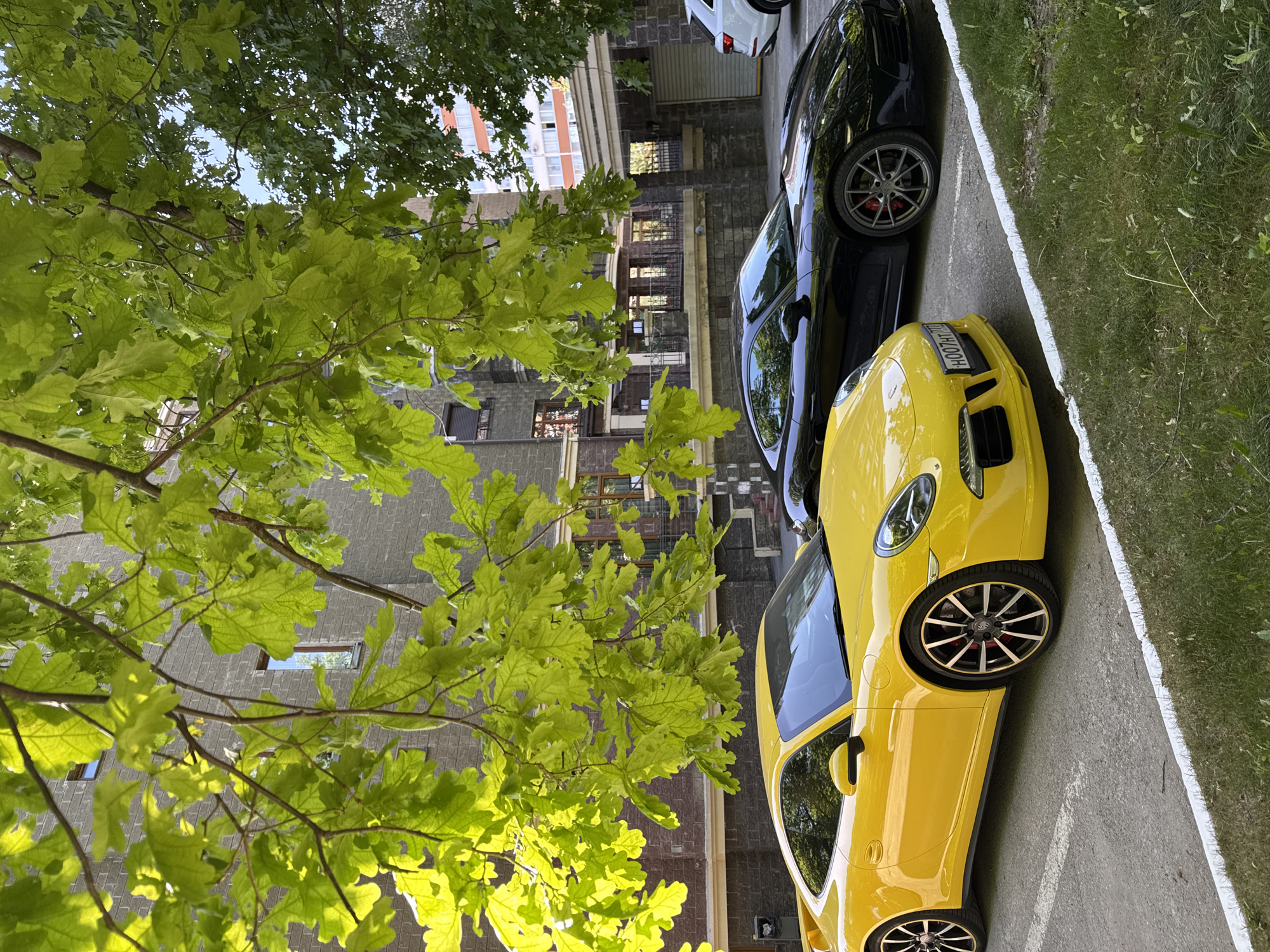 The image captures a scene with a yellow sports car prominently displayed in the foreground, parked alongside a black car. These vehicles are situated on a paved surface, likely a parking area or street, bordered by a strip of grass. A leafy tree branch hangs over the scene, casting shadows and adding a natural element. In the background, a building with a stone facade is visible, suggesting an urban environment. The image's composition and lighting suggest an outdoor setting during daylight hours. The location is Unknown, Unknown.