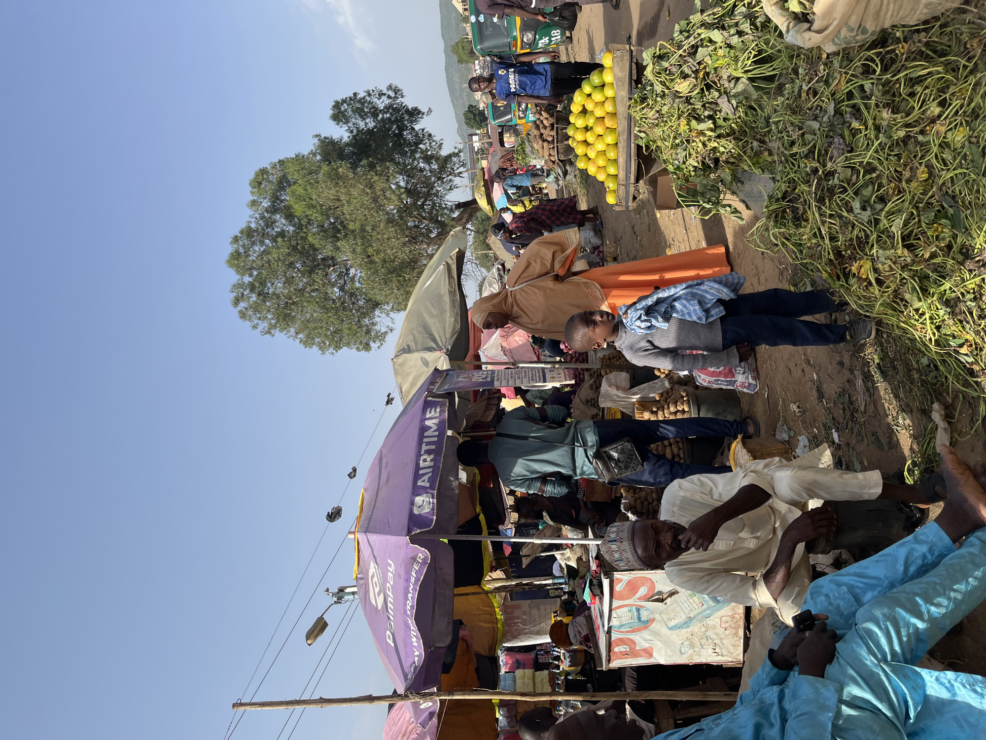The image depicts an outdoor market scene in Rafin Par, Nigeria, under a clear blue sky. In the foreground, a man in a light-colored traditional outfit sits on a stool, holding his hand to his mouth, looking to the left. To his left, another person dressed in a bright blue traditional outfit is partially visible, also looking to the left. In the center of the image, a young boy in a gray sweater and dark pants stands, holding a blue and white checkered cloth. Behind him, a woman in an orange hijab and dress walks away from the camera. A stall with a large purple umbrella advertising "PalmPay" and "AIRTIME" is prominent. Several other stalls with various wares and umbrellas are visible. Piles of produce, including a large mound of leafy green vegetables and a cart filled with yellow citrus fruits, are displayed. In the background, people are seen walking and interacting, and a green three-wheeled vehicle is parked. The ground is dusty earth, typical of an outdoor market environment. Several trees are visible in the mid-ground and background, with some hills or low mountains in the far distance.