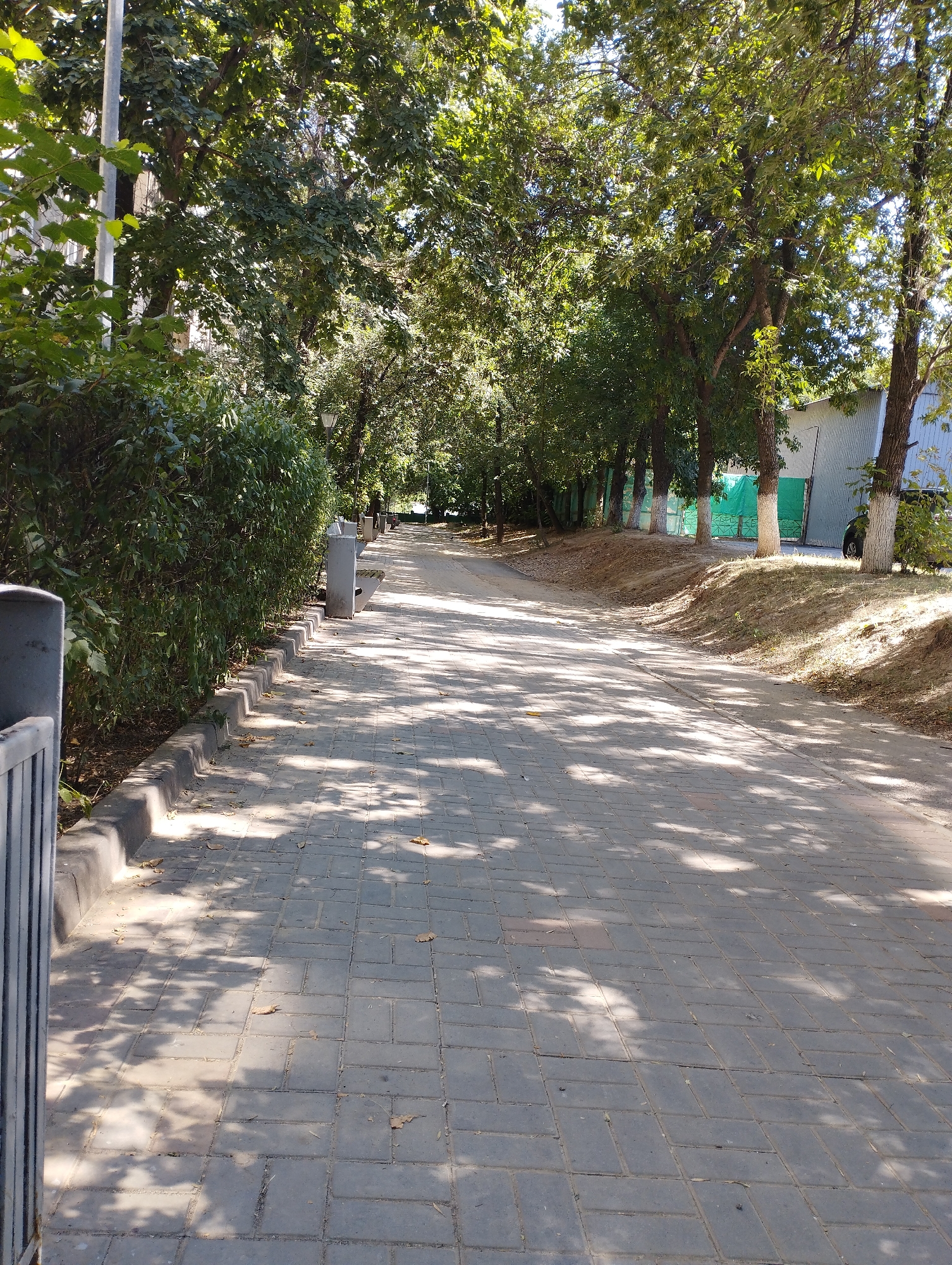 The image shows a paved walkway in a park-like setting in Almaty, Kazakhstan. The walkway is made of gray pavers laid in a herringbone pattern. It is bordered by a green hedge on the left and trees on both sides, casting dappled shadows on the ground. In the background, there is a grey metal building with some green fencing. Several trees line the walkway, and some of them have white paint on their lower trunks. There are also some trash receptacles visible along the walkway. The sun is shining, indicating it is daytime. There are no people visible in the image.