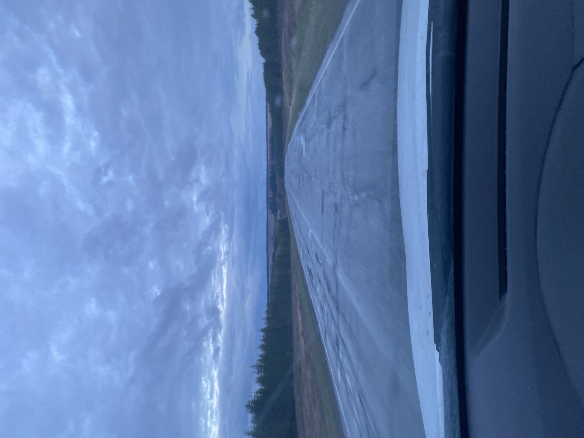 The image, taken from within a vehicle, presents an expansive view of an overcast sky and a wet paved surface, likely a road or runway, receding into the distance. The sky, a uniform expanse of blue-grey clouds, dominates the upper portion of the scene, indicating a gloomy or rainy day.
Along the horizon, a dense line of dark green coniferous trees, possibly pines or spruces, stretches across the landscape, separating the sky from the foreground. Beyond the trees, lighter patches of ground or fields are subtly visible. The central paved surface is wide and appears damp or wet, suggesting recent rainfall, with minimal or faded markings. The perspective implies the viewer is in motion or about to move.
On the right side of the frame, parts of the vehicle's interior are visible, including a dark grey or black dashboard or door panel, with a distinct vertical white strip, possibly a window frame or trim. The overall lighting is soft and diffused, characteristic of an overcast day, without direct sunlight. The scene evokes a quiet, somewhat somber atmosphere in a natural, open environment. There is no visible text in the image. The location context of Pervomaiskii, Russia, aligns with the remote, rural appearance of the landscape.