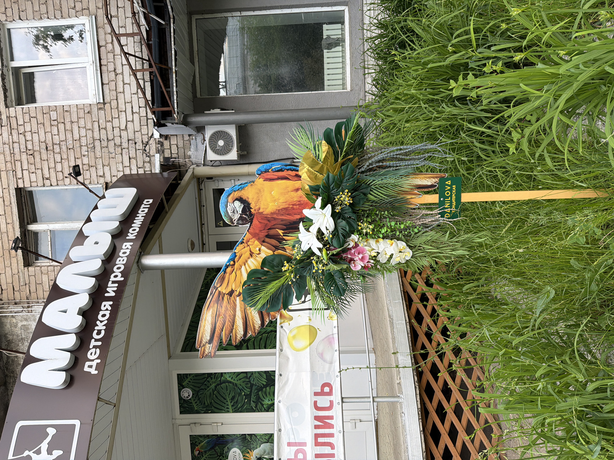 The image shows the exterior of a building in Chaikovsky, Russia, likely a children's playroom or store given the signage. A large, colorful cutout of a macaw parrot is prominently displayed in front of the building, adorned with artificial greenery and flowers. Behind the parrot, a banner with Russian text, including the word "ИЛИСЬ," is visible. The building itself is made of brick and features several windows and an air conditioning unit. The foreground is dominated by lush green grass and vegetation. A small green sign with white text, reading "DANILOVA КОНДИТЕРСКАЯ," is placed in the grass near the parrot cutout. The overall scene suggests a commercial establishment that has decorated its entrance with eye-catching elements.