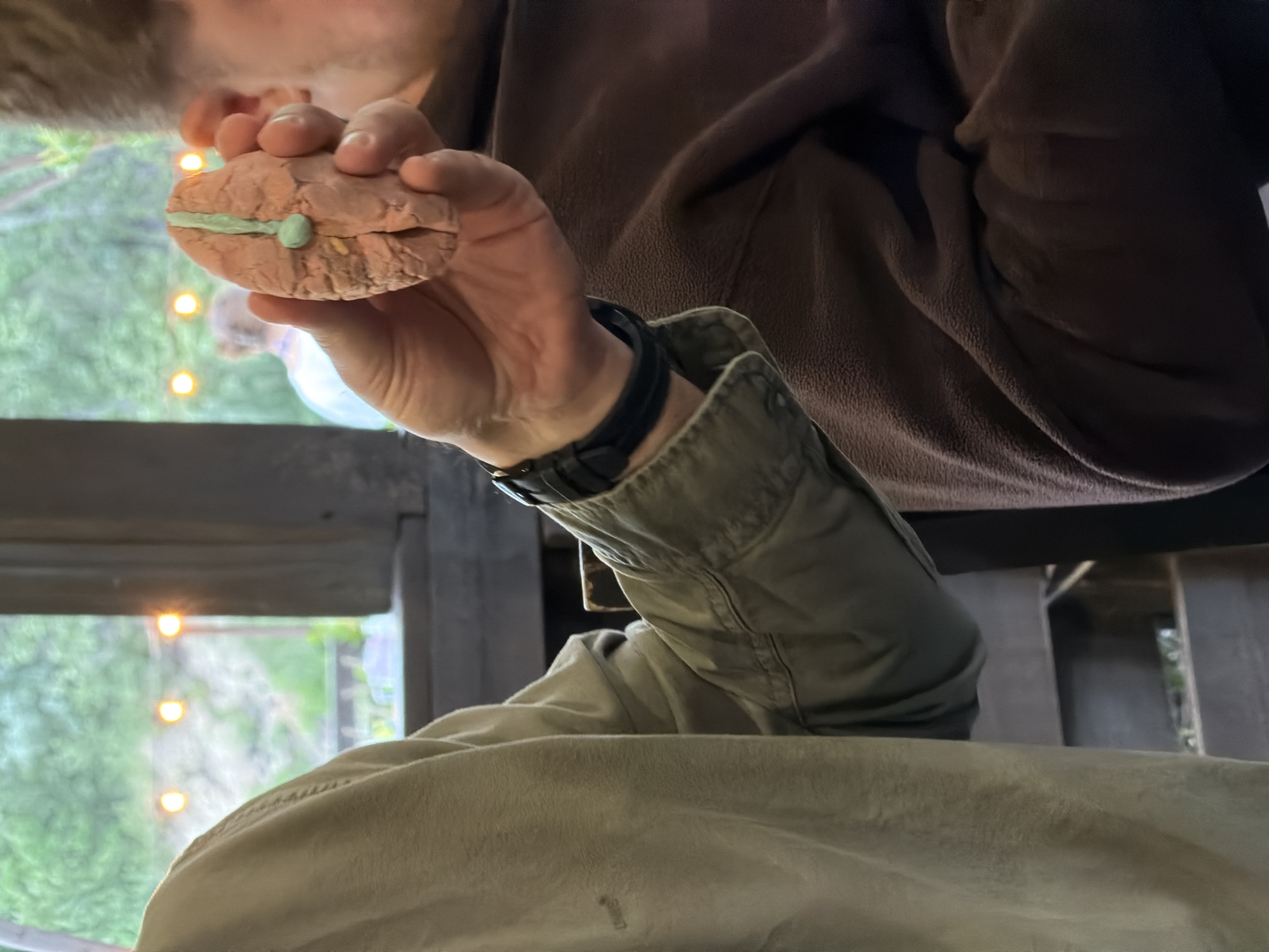 An extreme close-up shot shows a person's hand holding a cookie that resembles a brain. The cookie is light brown and has a green frosting detail running down the center, with a small green blob at the bottom. The hand is holding the cookie in front of a blurry background that shows greenery and some lights. The person's arm, clad in a green jacket with a black watch on the wrist, is visible on the left side of the frame. Another person, wearing a brown garment, is partially visible on the right. The scene appears to be outdoors, possibly on a porch or patio, with a rustic wooden structure and a window in the background.