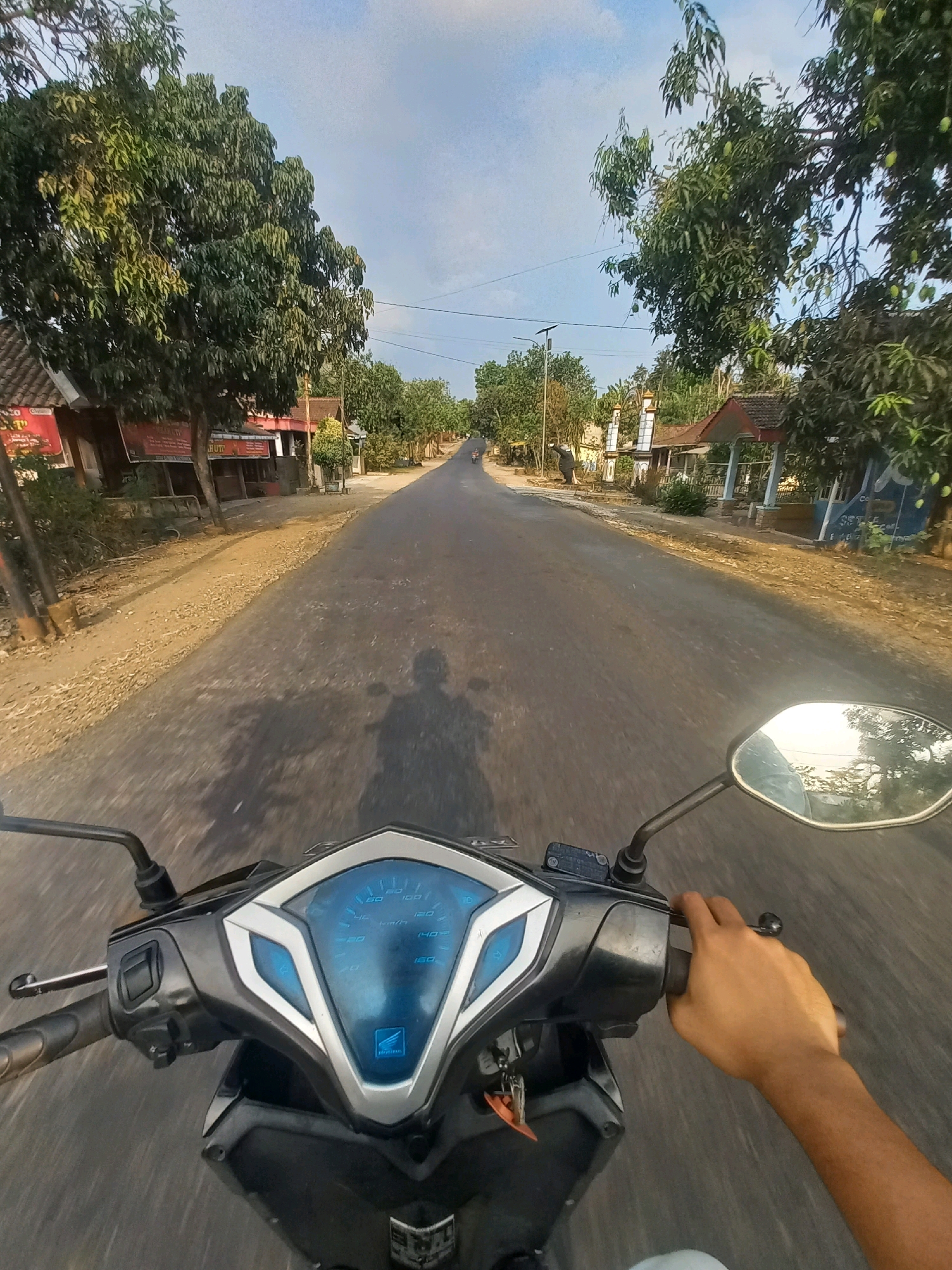 This is a first-person point-of-view photograph taken from a motorcycle traveling on a paved road in Ngarjosari, Indonesia. The road is flanked by trees and houses. In the foreground, the motorcycle's dashboard is visible, featuring a blue digital display and a hand gripping the handlebar. The rider's shadow is cast on the road ahead. The sky is partly cloudy. The scene suggests a rural or suburban setting within Ngarjosari.