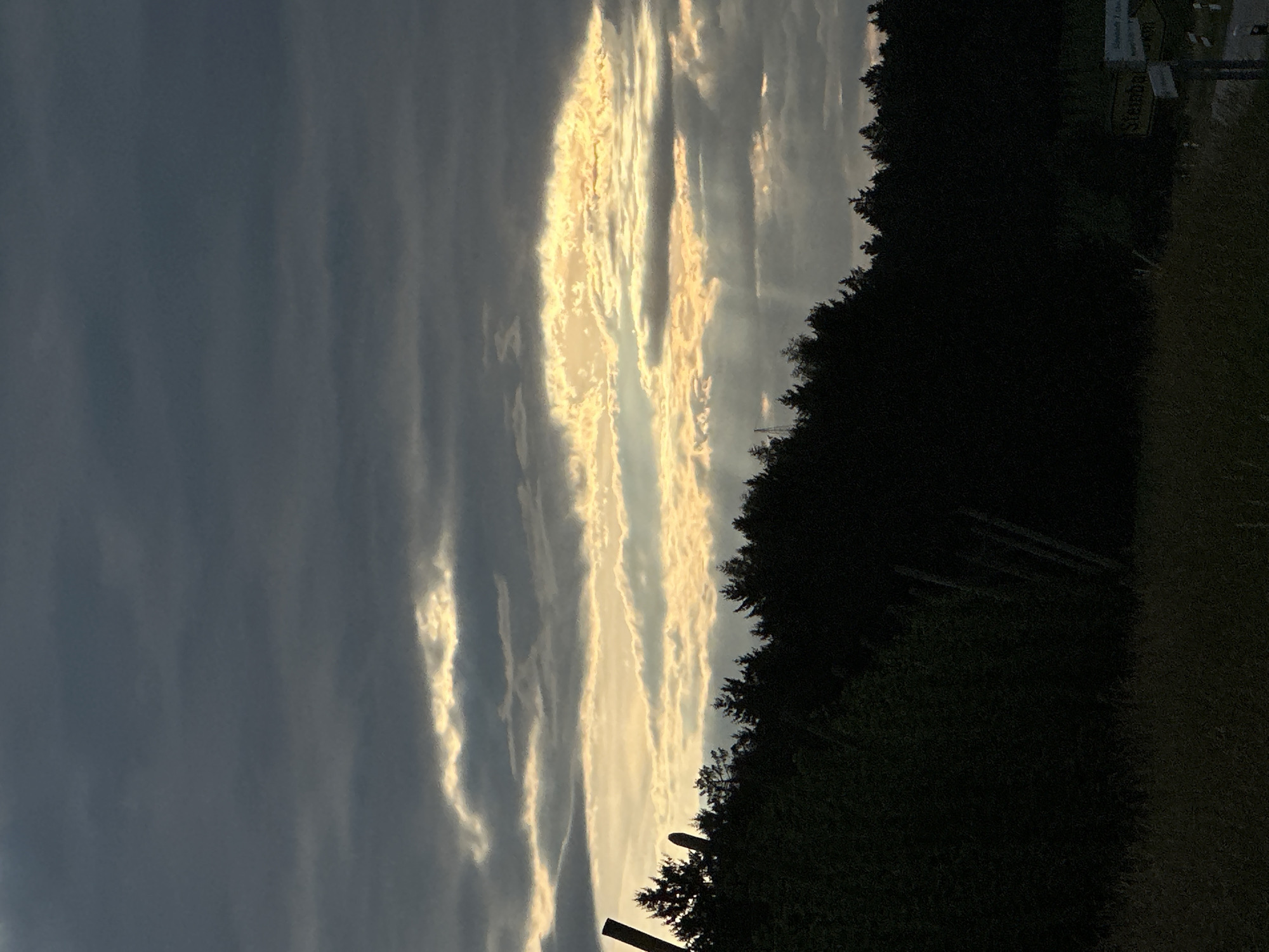 This image depicts a landscape scene featuring a dark forest silhouetted against a dramatic sky. The sky is filled with heavy, dark clouds, but a break in the clouds allows shafts of golden sunlight to illuminate the scene. These rays of light pierce through the clouds, creating a dramatic and atmospheric effect. The forest itself is dense and appears to be on a slope, rising up towards the sky. In the foreground, there is a grassy area. Two weathered wooden posts are visible in the foreground, and further to the right, a street sign with German text is partially visible. The overall impression is one of a moody, natural setting, possibly at dusk or during a storm. The presence of the street sign suggests this is a rural area near a road. Given the information about Rudelzhausen, Germany, this scene could be a common view in the outskirts of the town, characterized by its surrounding forests.