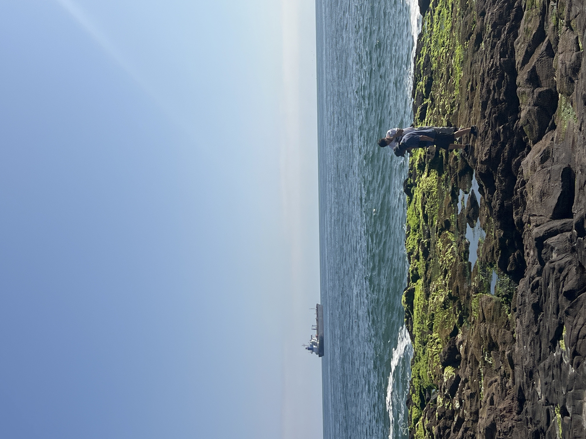 The scene is a seaside view in Arica, Chile, featuring a rocky cliff partially covered with green algae on the right, and the Pacific Ocean extending to the horizon on the left. A cargo ship is visible in the distance on the water. Two people are standing close to the edge of the cliff. The sky is clear and light blue.
