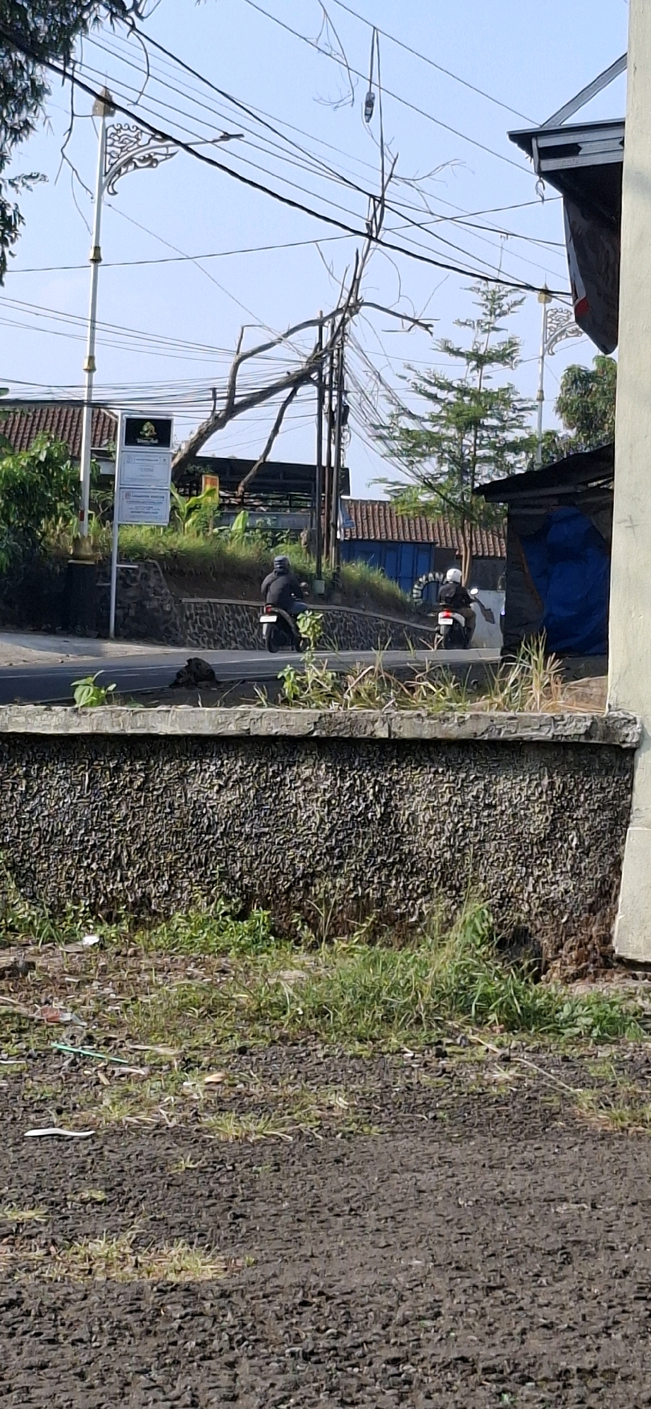 The image captures a street scene in Cilaku, Indonesia, on a clear day with a bright sky. Two individuals are riding motorcycles on a paved road. The motorcycle in the foreground is dark in color, and the rider is wearing a black jacket and helmet. The second motorcycle, further down the road, is also dark, and its rider is wearing a white helmet. Both vehicles are moving away from the viewer.
The road is bordered by a low, rough-textured stone wall, with green grass and some debris on either side. Behind the wall, there is a sloped grassy embankment. In the background, several buildings with red-tiled roofs are visible, some with blue elements. A street lamp with an ornate decorative top stands on the left side of the road, next to a signpost with some text and a logo. Numerous power lines crisscross the sky, some supported by poles, and a few dead tree branches are entangled among them. On the right side of the image, a portion of a building with a dark-colored roof and a large blue tarp is visible. The overall environment suggests a semi-urban or suburban setting.