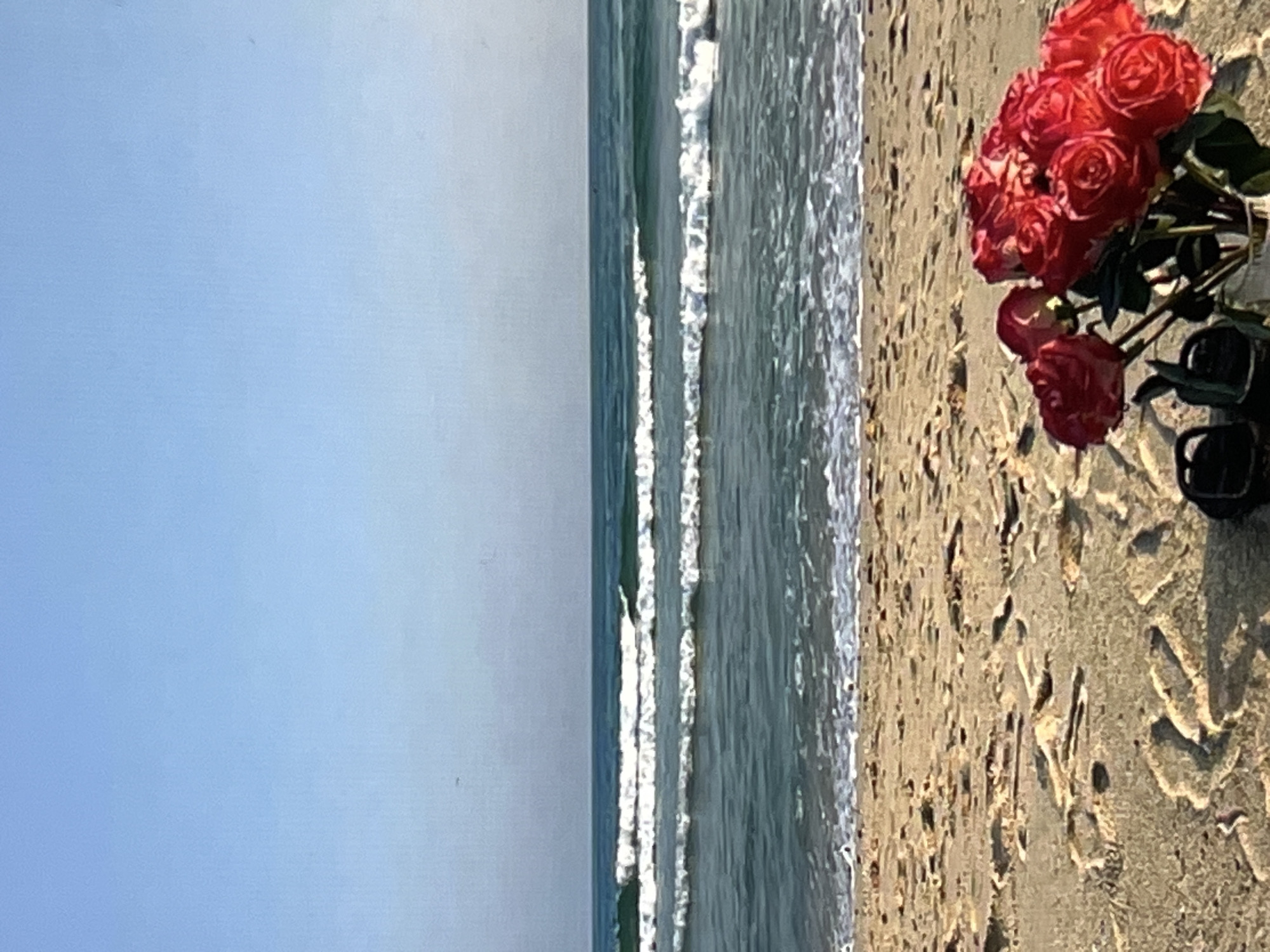 This is a vertical, eye-level shot of a beach scene. On the left side of the frame is a clear, pale blue sky, transitioning to a slightly darker hue towards the top. The middle of the image is dominated by the ocean, with gentle waves breaking on the shore. The water is a muted teal color, and the crests of the waves are a bright, foamy white. The beach occupies the right side of the frame. The sand is a light tan color and appears damp from the receding tide, with numerous footprints and indentations visible. A bouquet of vibrant red roses, with green leaves and stems, rests on the sand near the right edge of the image. Some of the roses are fully bloomed, while others are still in bud. The lighting suggests it is daytime, with the sun casting soft shadows on the sand. The overall mood is serene and tranquil, evoking a sense of natural beauty and perhaps a touch of romance with the presence of the roses. There is no visible text in the image.