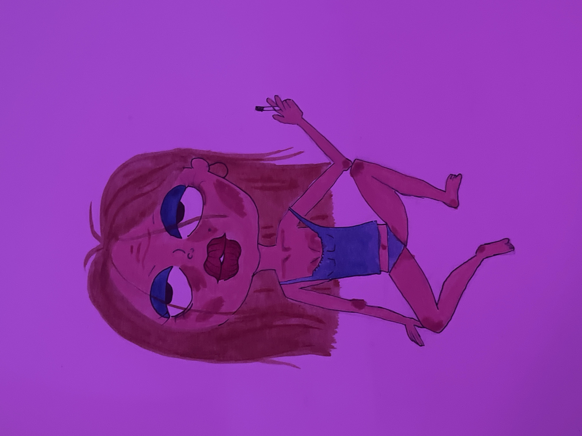 A cartoonish illustration features a person reclining, presented on a purple backdrop. The individual has brown hair, large blue eyes, and prominent red lips. They are wearing a blue top or swimsuit. One hand is raised, holding what appears to be a cigarette. The figure is lying sideways. The image provides no evidence suggesting its location in Saint Petersburg, Russia.