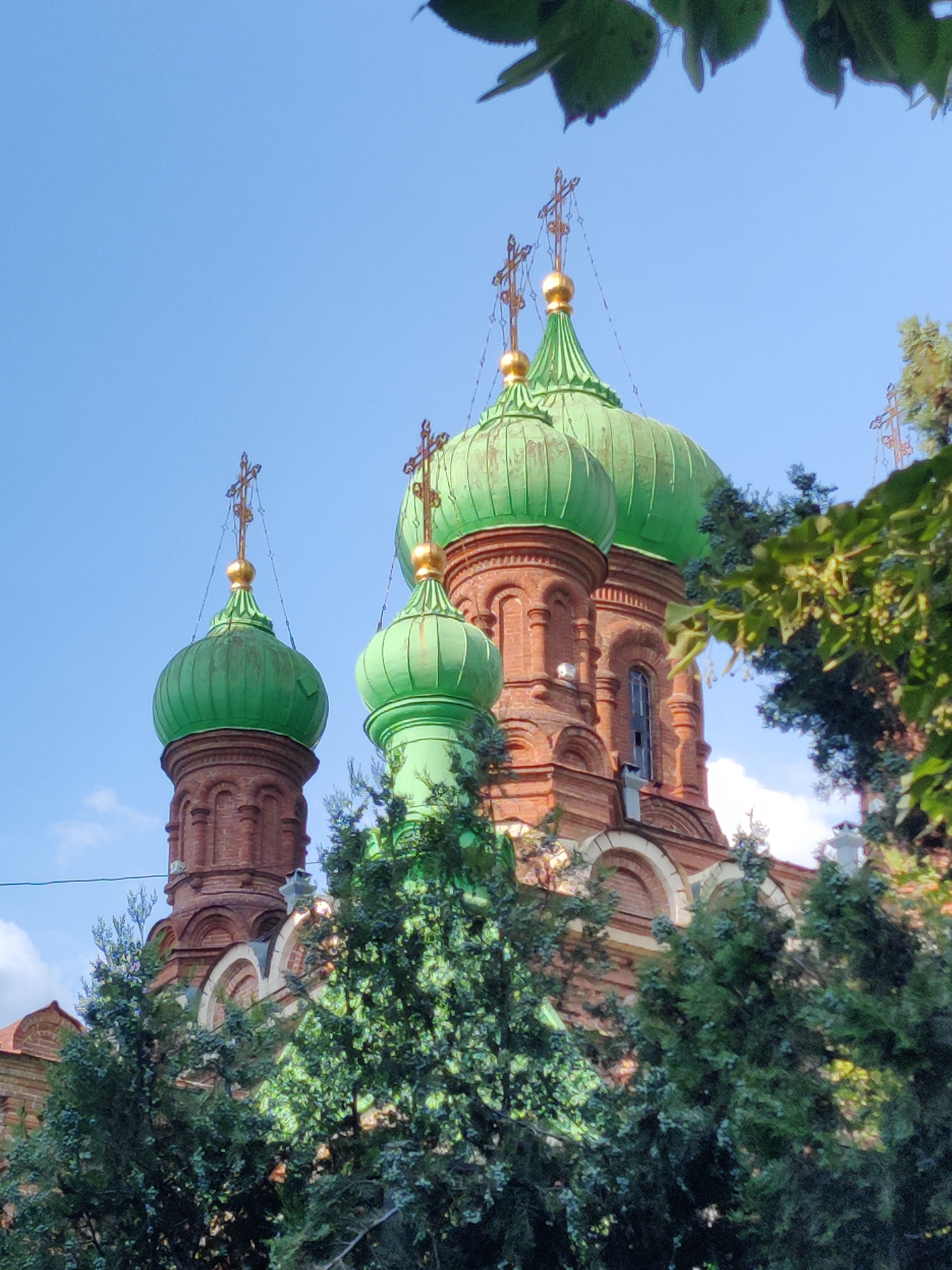The image shows the Alexander Nevsky Cathedral in Krasnodar, Russia. The cathedral is a red brick building with several green domes topped with golden crosses. It is partially obscured by trees and foliage in the foreground. The sky is blue with a few scattered clouds. The photograph is taken from a low angle, looking up at the cathedral.