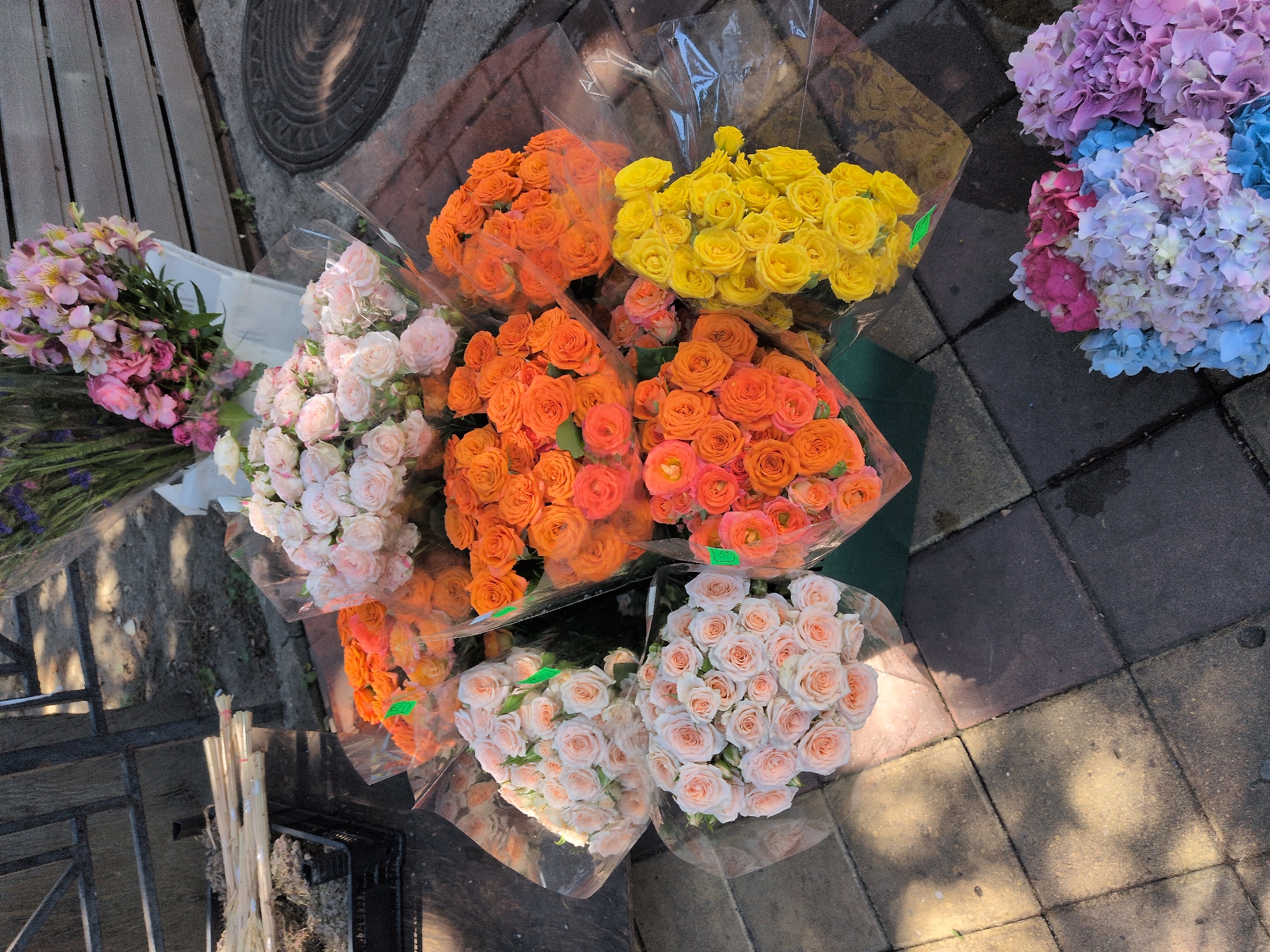 A close-up, overhead view captures a flower stand outdoors, likely on a sidewalk, with cobblestone paving beneath. Several bouquets are arranged in plastic wrap. In the foreground, on the right, are several large bouquets of hydrangeas in shades of pink, purple, and blue. To the left of the hydrangeas are bouquets of yellow roses. Further back, there are numerous bouquets of orange and peach roses. Behind these, a bouquet of delicate pale pink roses is visible. In the upper portion of the image, taller floral arrangements with pink and purple flowers are present, along with some dried plant material in a black crate on the left. The scene is brightly lit by sunlight, casting distinct shadows on the paving stones. The setting appears to be a public space, possibly in Sochi, Russia, given the presence of outdoor flower vendors common in the city.