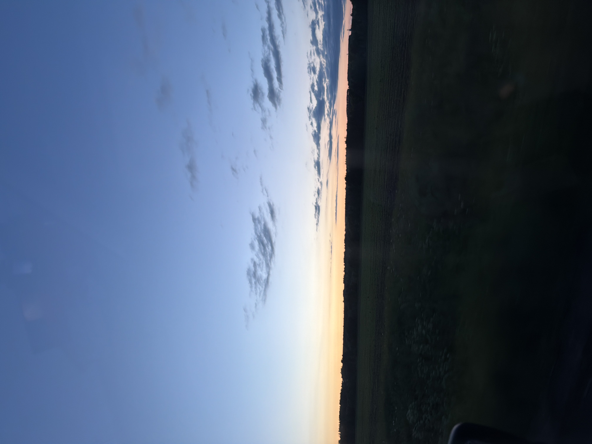 The image depicts a serene rural landscape at twilight or sunset, seen from a perspective that suggests viewing from a vehicle. The sky dominates the upper two-thirds of the frame, transitioning from a deep indigo blue at the top to a lighter, softer blue, and finally to a warm band of golden yellow and faint orange light hugging the horizon. Scattered, wispy clouds, dark against the fading light, are visible across the blue expanse.
A distinct, dark silhouette of a forest or dense tree line marks the horizon, stretching horizontally across the width of the image. Below this dark line, the landscape consists of fields, appearing dark green to nearly black due to the low light, with subtle textures suggesting agricultural patterns. In the very bottom right corner of the image, a dark, indistinct shape, possibly part of a vehicle's dashboard or window frame, is visible, indicating the photograph was likely taken from inside a car or similar transport.
There are no people or visible text in the image. The scene captures the peaceful transition from day to night over the natural environment of Yus'ki, Russia, characterized by vast skies and expansive land.