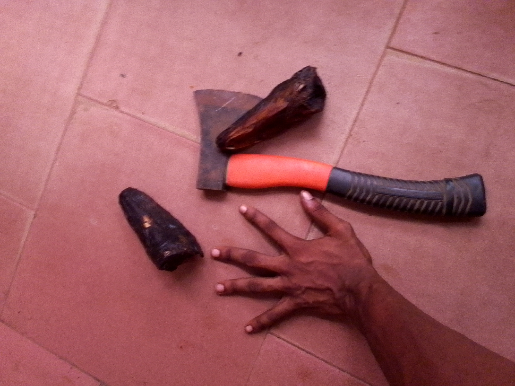 On a pink tiled floor in Nkpor, Nigeria, lies an axe with an orange and black handle. On top of the axe head rests a piece of dark, smoked fish. Another piece of the same fish lies near the axe head. A dark-skinned hand is near the handle of the axe.