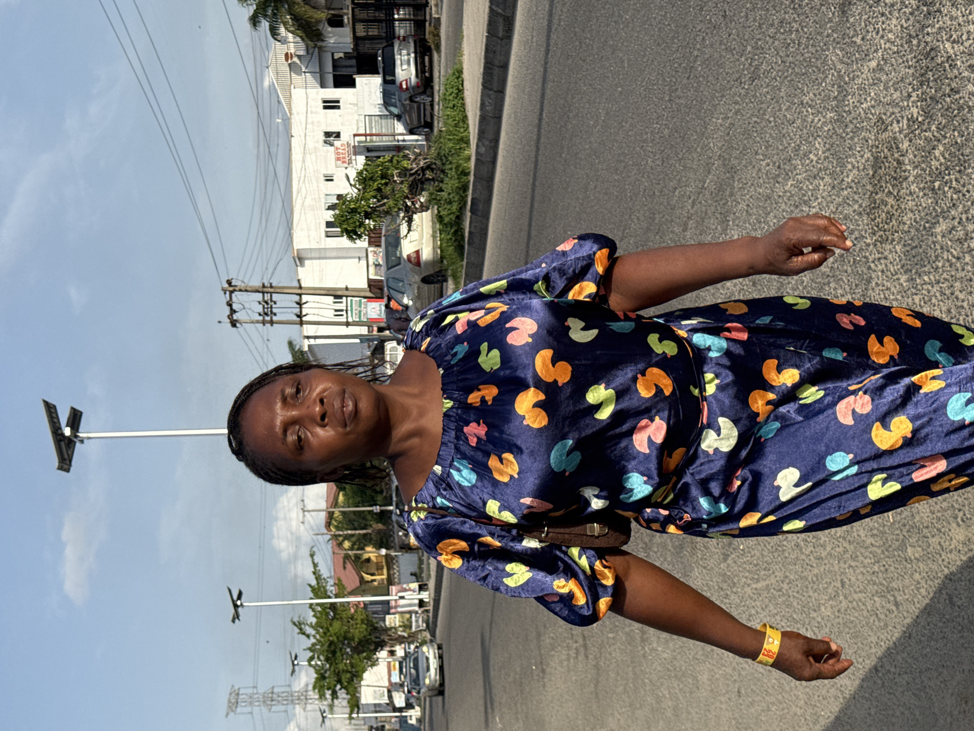 A woman is standing on a street in Ado, Nigeria. She is wearing a navy blue dress with a colorful pattern and a yellow bracelet. She has dark skin and her hair is braided. The street is paved and there are buildings and trees in the background. There are utility poles in the background. There are cars parked along the side of the road. The sky is blue and sunny. A sign for "Hot Bread" is visible on a building.