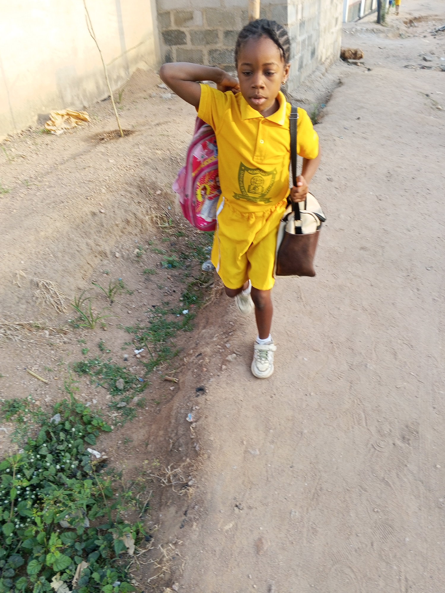 A young girl, estimated between 5-8 years old, with dark skin and braided hair, is walking on an unpaved dirt path in Adonkolo, Nigeria. She is wearing a yellow polo shirt with a green "BRIGHT SPRING ACADEMY" logo (featuring an open book and mortarboard crest) on the left chest, matching yellow shorts, and white athletic shoes with Velcro closures. A pink backpack with colorful designs is slung over her left shoulder, partially held by her raised left hand. She carries a brown and beige shoulder bag in her right hand. Her gaze is directed forward. The path consists of light brown dirt with scattered small stones and visible footprints. To the girl's left, a patch of green vegetation, including small plants with white flowers, borders the path. Behind this vegetation, a light-colored wall transitions into a grey cinder block wall. A thin, bare sapling is visible near the wall. The scene is illuminated by natural daylight.