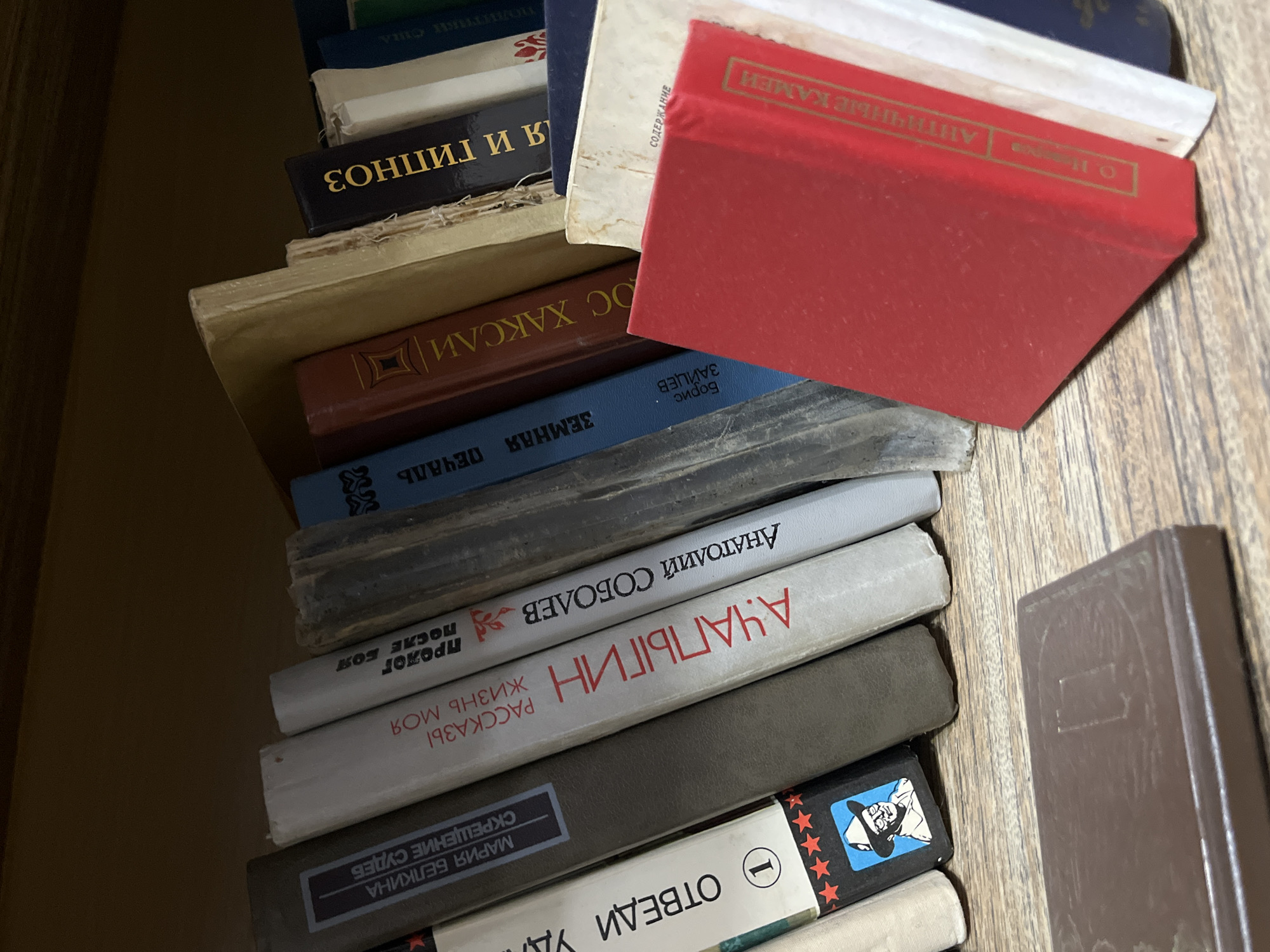 A stack of Russian-language books is piled up, close together and predominantly on the left side of the frame. The books vary in size and color, including red, white, grey, dark blue, and brown. The titles and authors are visible on the spines, including works by Anatoliy Sobolev, Maria Belkina, and Boris Zaitsev. Text in the books includes "ANTICHNYE KAMEY," "ZEMNAYA PECHAL," "SOBOLEV," "SKRESHENIE SUDEB," and "ACHAPIGIN." The books appear worn, with some having discolored or frayed edges. To the right of the books, the wooden surface is visible, suggesting the books are sitting on a shelf or table. Based on the visible Russian text on the books, it is possible they are located in the city of Chaikovsky, Russia.