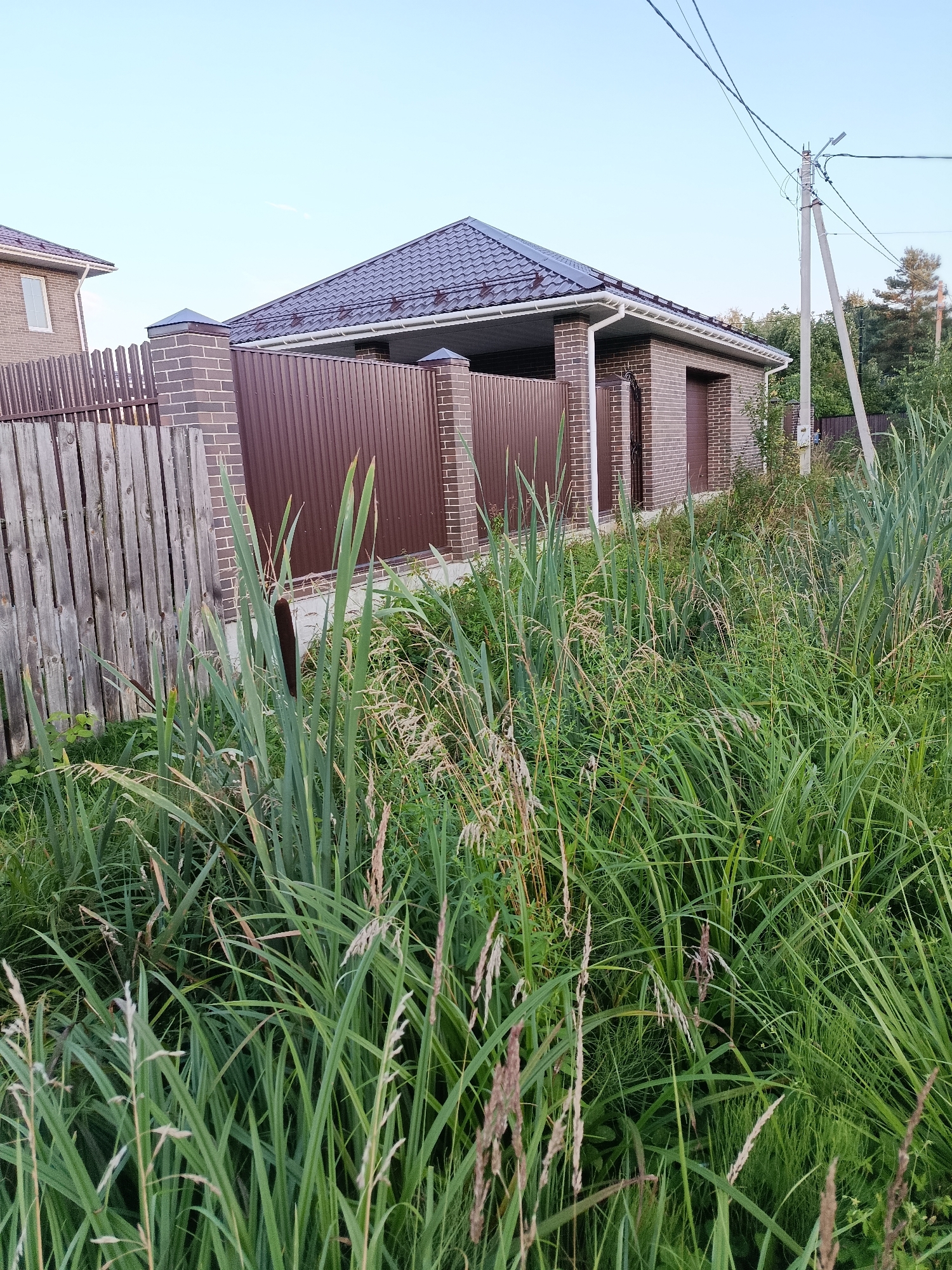 The image captures a residential property in Vereya, Russia, characterized by a brick house with a dark tiled roof and a brown metal fence. The house appears to have a garage door and a pedestrian entrance. In the foreground, tall green grasses and reeds dominate the landscape, partially obscuring a weathered wooden fence that runs along the property line. A utility pole with electrical wires and a streetlight is visible on the right side of the frame, situated beyond the house and adjacent to a treeline. The sky is clear and light blue.