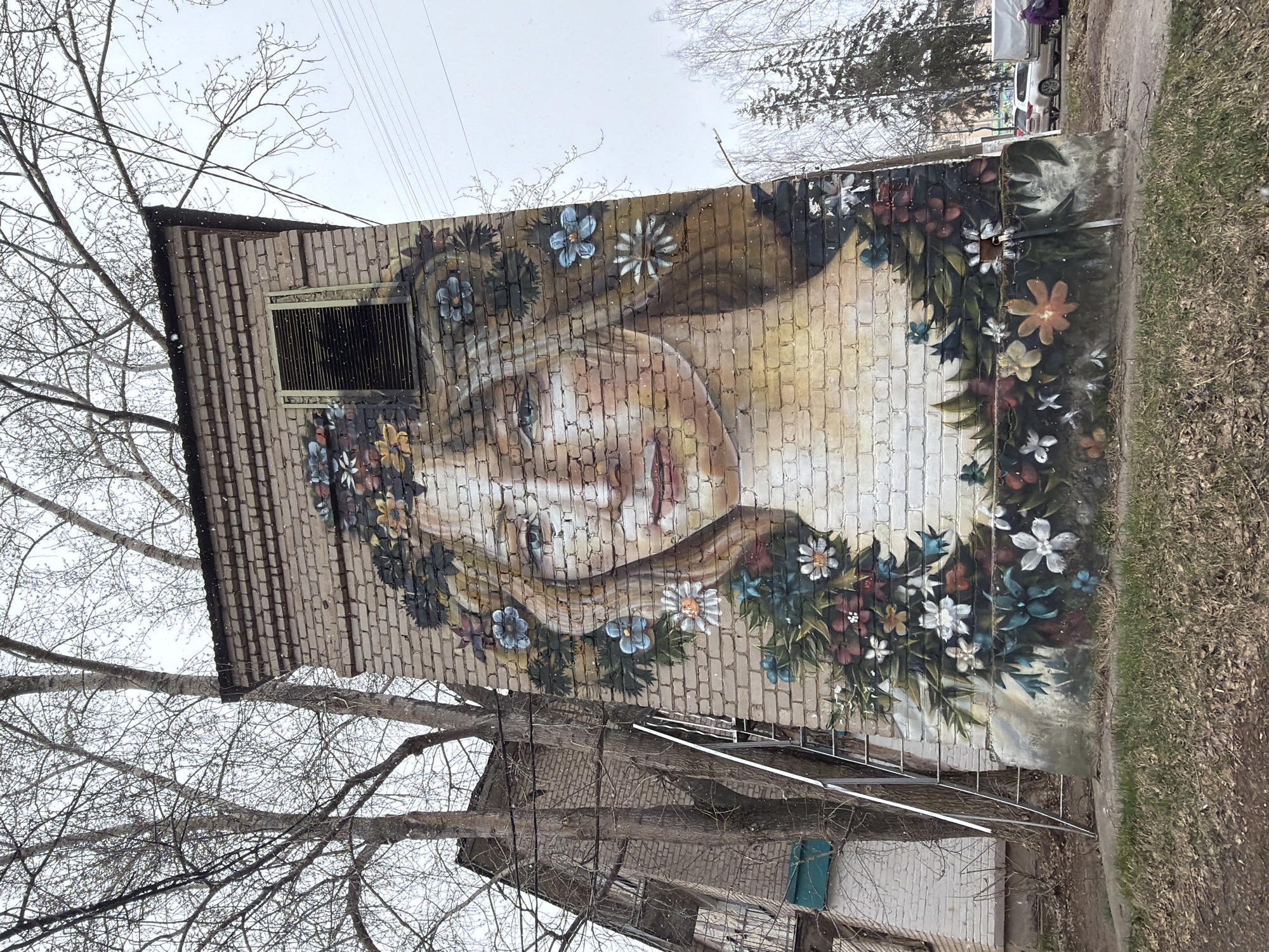 The image depicts a building in the city of Chaikovsky, Russia, adorned with a mural of a woman's face surrounded by flowers. The mural is painted on a brick wall that is part of a two-story structure with a window covered by bars. The building is located in an outdoor environment, as evidenced by trees with bare branches in the foreground and grass on the ground. A metal ladder rests against the wall beneath the mural. A neighboring structure and parked cars are visible in the background. The sky appears overcast.