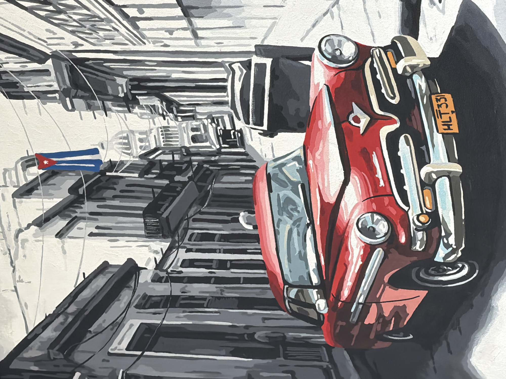 A low-angle acrylic painting depicts a red vintage car, likely a Cuban taxi, parked in a narrow street. The license plate reads "HLT331." A Cuban flag is visible hanging from a building. The buildings are painted in black and white, contrasting with the red of the car. The setting suggests an urban environment, though the image's information does not state that it is located in the city of Santa Clara Ocoyucan, Mexico.