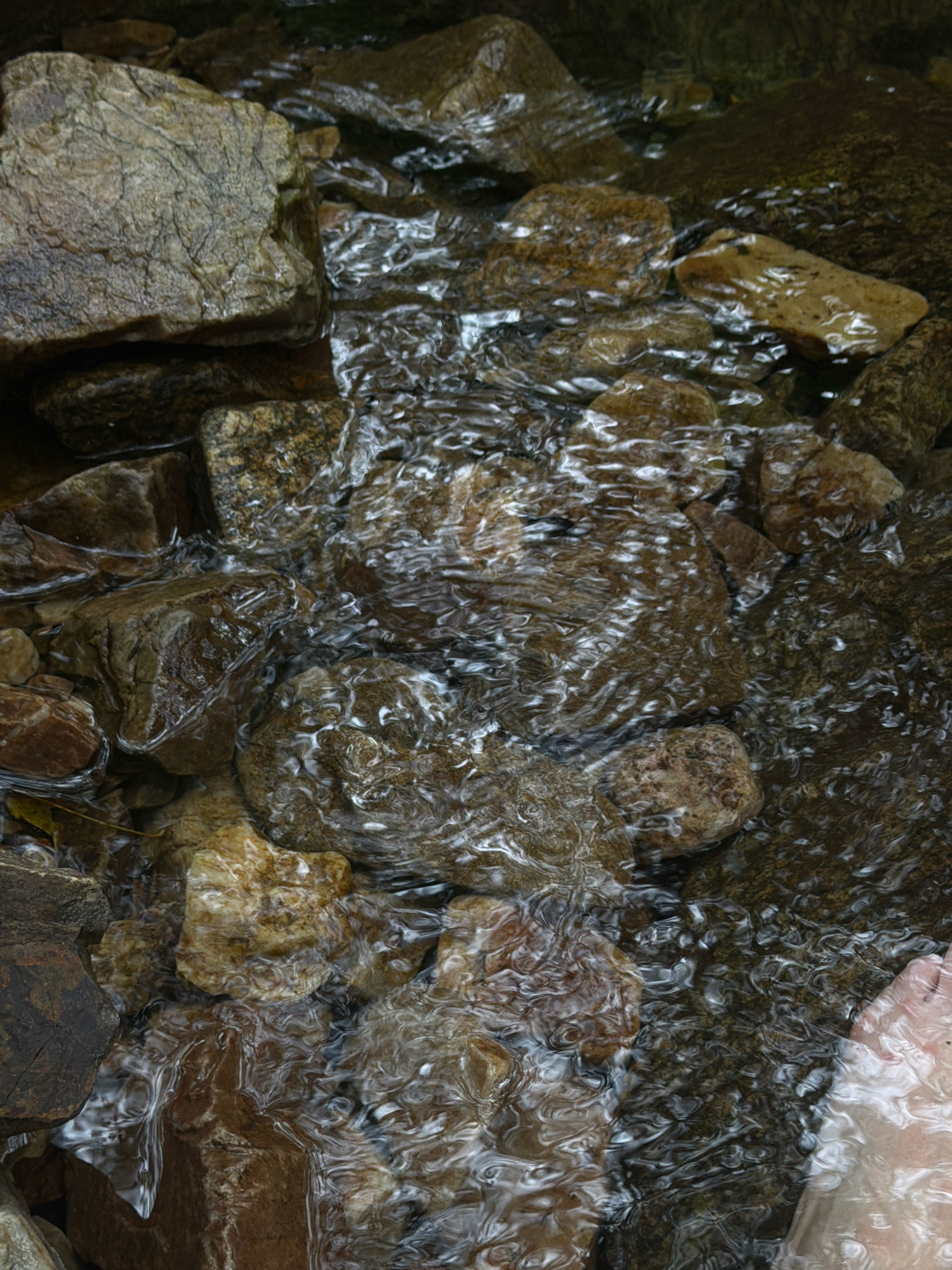 A close-up, high-angle shot captures the shallow water flowing over rocks in a stream. The water is clear, with ripples and reflections of light dancing across the submerged stones. Various sized rocks, predominantly brown and gray, are visible beneath the surface and some protrude above. In the lower right corner, a person's bare foot, pale in skin tone, is partially submerged in the stream. The setting appears to be a natural stream, possibly within a park or natural area of Dongducheon-si, South Korea. There is no indication of urban infrastructure in the immediate vicinity.