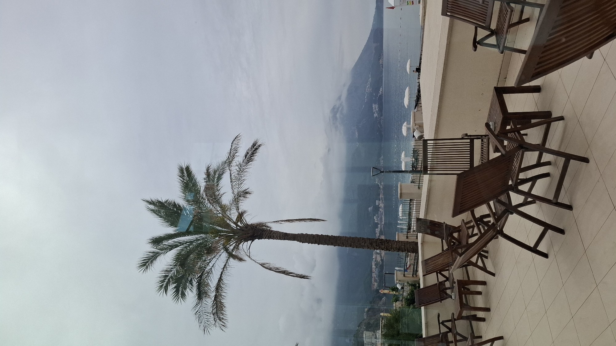 The image depicts an outdoor terrace scene in Boreti, Montenegro, likely a restaurant or hotel balcony overlooking the Adriatic Sea. The foreground is dominated by several wooden tables and chairs arranged on a tiled surface. A tall palm tree is visible, partially obstructing the view.
In the background, a hazy coastline with mountains is seen across the sea, along with some beaches. The sky is overcast, suggesting cloudy weather. The photograph appears to have been taken from behind glass. There are no people visible.