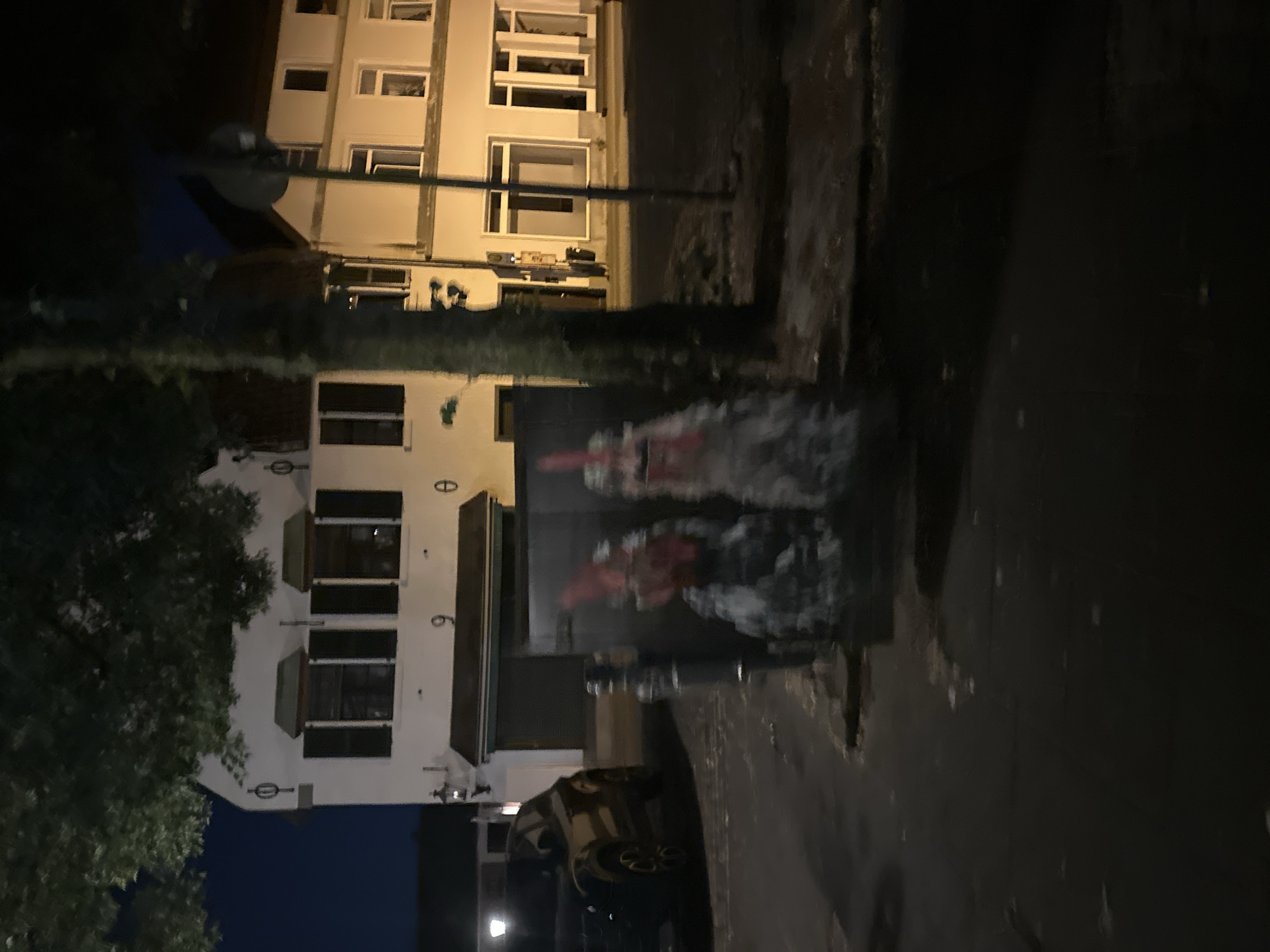 The image depicts a nighttime scene in Krefeld, Germany, on the northern side of the St. Hubertus church. In the foreground, two graffiti depictions of roosters are visible on a dark surface, possibly a dumpster or a wall. To the left, a dark-colored SUV is parked on a street. In the background, two multi-story buildings are illuminated. The left building is white with dark-shuttered windows and a visible house number '9'. The right building is lighter in color, with multiple windows and ground-floor storefronts. A tree stands between the two buildings, its dark trunk and branches prominent in the frame. The sky is dark, indicating nighttime. The overall impression is of a quiet, possibly residential or commercial street at night.