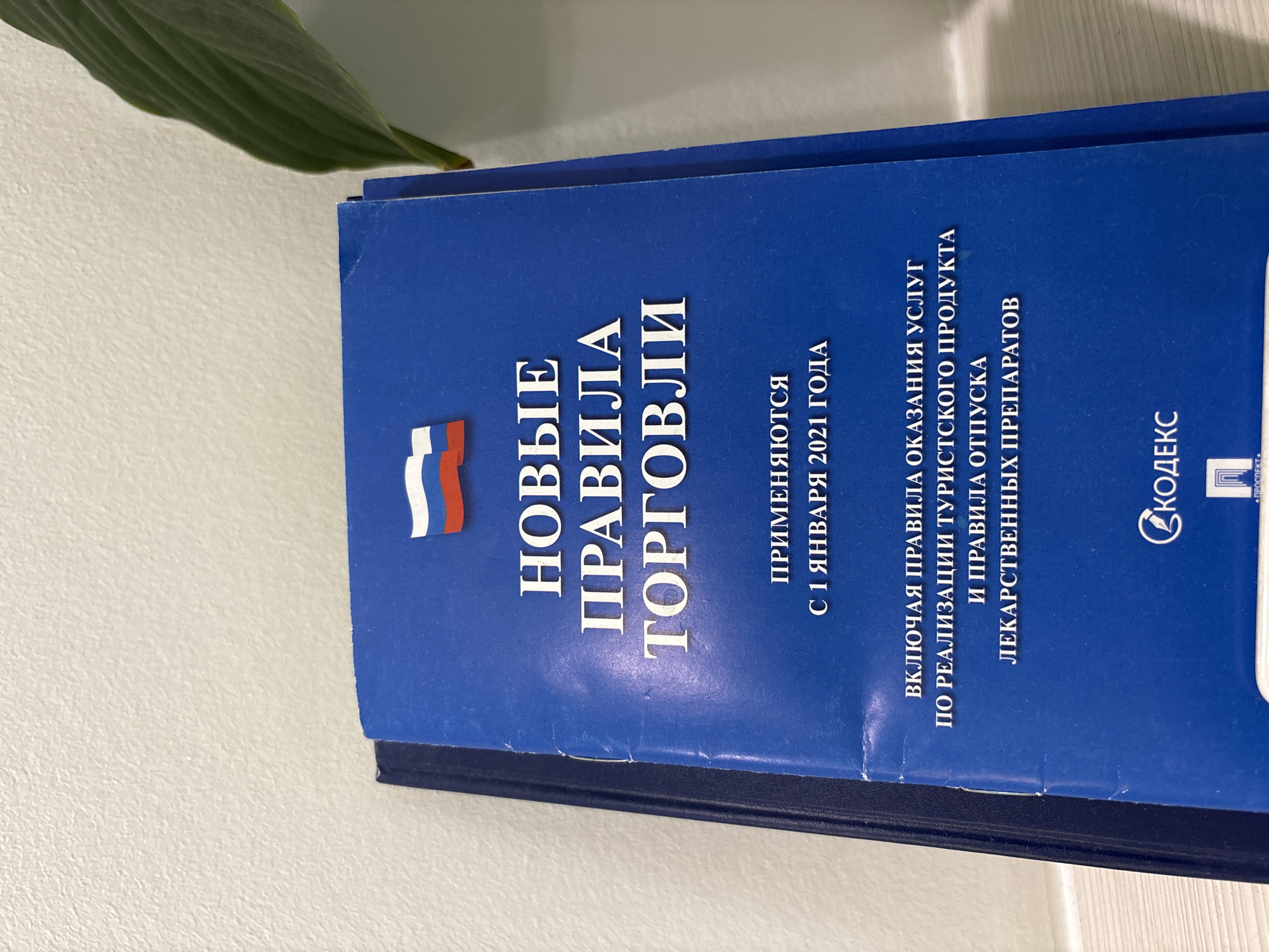 A close-up captures a blue book tilted on a white surface, its spine facing the viewer. In the upper left corner, a green plant leaf partially obscures the scene. The book's spine is emblazoned with Russian text. The words "НОВЫЕ ПРАВИЛА ТОРГОВЛИ" are vertically aligned and prominently displayed. A Russian flag is printed on the upper left. Below, the text reads "ПРИМЕНЯЮТСЯ С 1 ЯНВАРЯ 2021 ГОДА", indicating the rules apply from January 1, 2021. Further down, "ВКЛЮЧАЯ ПРАВИЛА ОКАЗАНИЯ УСЛУГ ПО РЕАЛИЗАЦИИ ТУРИСТСКОГО ПРОДУКТА И ПРАВИЛА ОТПУСКА ЛЕКАРСТВЕННЫХ ПРЕПАРАТОВ" specifies that the rules include the provision of services for the sale of tourist products and the rules for the sale of medicines. The word "СКОДЕКС" with a logo next to it is printed in the lower right corner of the spine. The location is unknown, Russia.