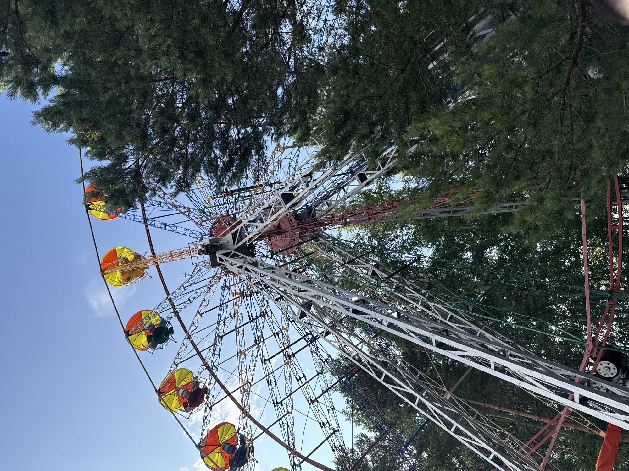 An eye-level, outdoor, full shot captures a vintage Ferris wheel against a clear blue sky with scattered clouds. The Ferris wheel is constructed of metal beams, painted in red, white, and green, with a complex network of crisscrossing supports. Attached to the wheel are gondolas with colorful red and yellow striped canopies, some of which appear to be occupied by people. Lush green trees, including tall pines, frame the Ferris wheel on the right and in the background, adding a natural element to the amusement park scene. The overall impression is one of a nostalgic and somewhat weathered amusement park attraction.