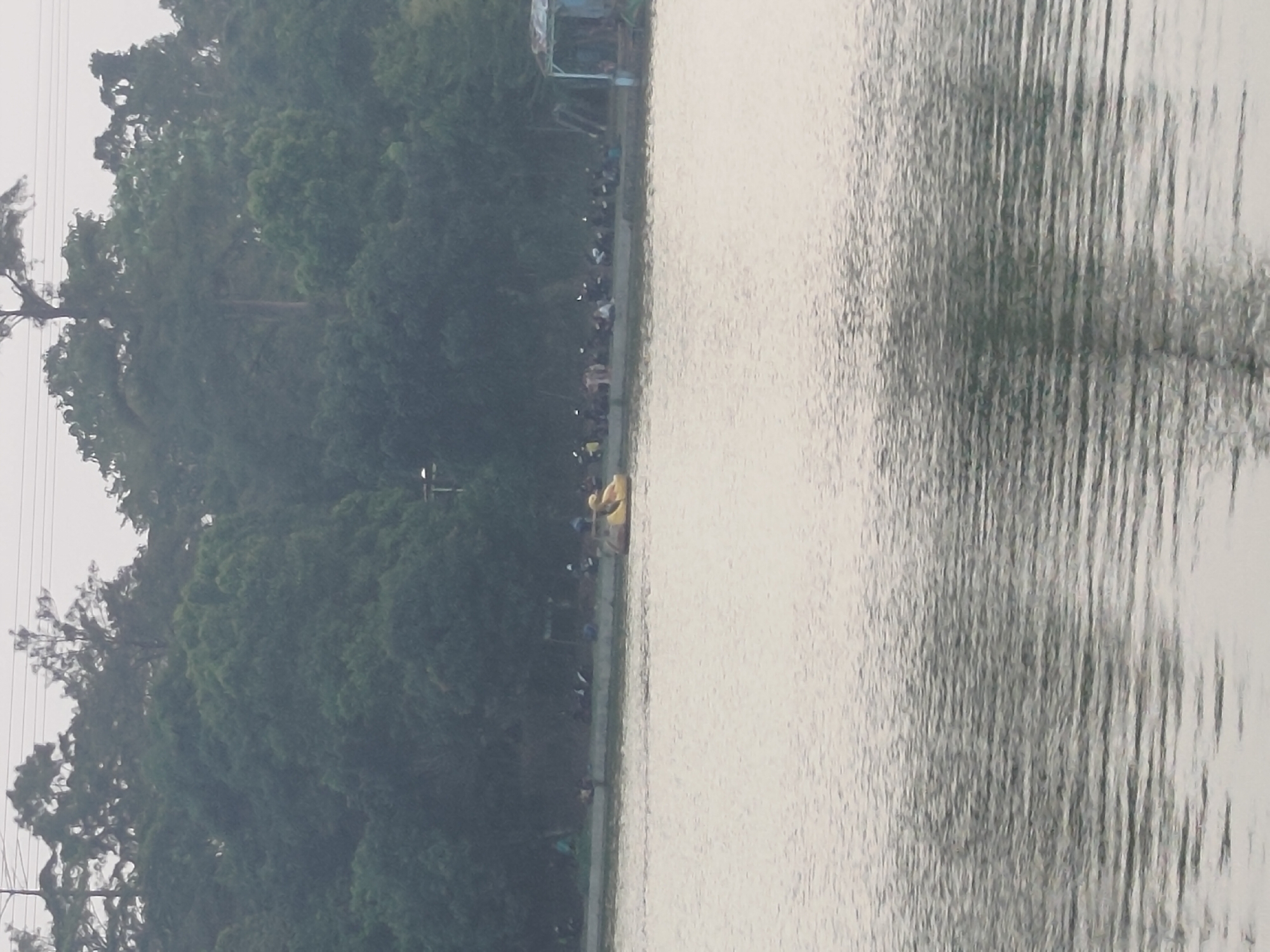 The image depicts a serene lake scene, likely within the city of Depok, Indonesia, given the prevalence of lush greenery and a body of water commonly found in recreational areas there. The foreground is dominated by the calm surface of the lake, reflecting the overcast sky and the trees lining its shore. Small, rippling waves create a textured pattern across the water. In the midground, along the lake's edge, a line of people are visible, some standing, some seated, and some clustered in small groups. There appears to be a paved walkway or embankment separating the water from the forested area behind. A distinctive yellow pedal boat, shaped like a duck, is situated on the water, suggesting recreational activity. Further in the background, a dense arrangement of trees forms a verdant backdrop, with some taller trees emerging above the rest. The sky is a muted gray, indicating an overcast day. A small, weathered structure, possibly a pavilion or shelter, can be seen on the right side of the frame, near the treeline. The overall atmosphere is one of quiet recreation and natural beauty.