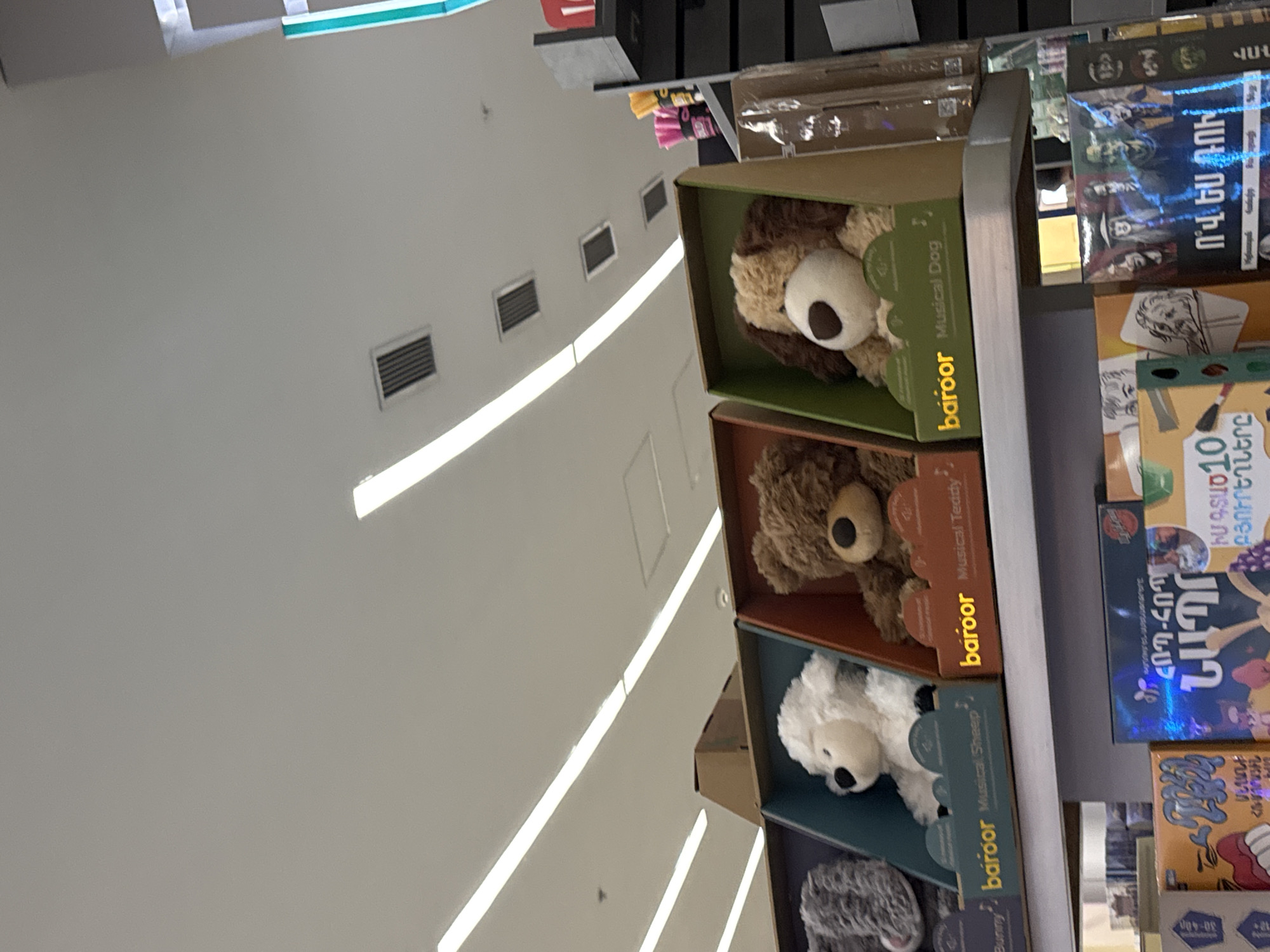 The image, rotated 90 degrees clockwise, displays an indoor retail setting, likely a store aisle in Yerevan, Armenia. The scene primarily features shelves stocked with various products.
On the left side, several stuffed animals are arranged in open boxes. These include a brown and beige "Musical Dog," a darker brown "Musical Teddy," a white "Musical Sheep," and a white "Bunny," with another grey fluffy animal partially visible below. The packaging for these toys prominently features the brand "baroor."
To the right of the stuffed animals, another shelf holds books or media products. Notable titles with Armenian text include "Ո՞Վ ԵՍ ԴՈՒ" (Who Are You), "ԻՄ ԳՏԱԾ ԲՅՈՒՐԵՂՆԵՐԸ" (My Found Crystals), and "ՀՈՊ-ՀՈՊ" (Hop-Hop), some indicating "ՄԱՍ 1" (Part 1) or "ՄԱՍ 1-2" (Part 1-2). Additional visible text on these packages includes "12+" and "30-400."
The background shows a bright, white ceiling equipped with long, linear lighting fixtures and several rectangular air vents, characteristic of a commercial space. No individuals are present, but the arrangement indicates a shopping environment. The uniform bright lighting suggests it is either daytime indoors or a well-lit interior at any time.