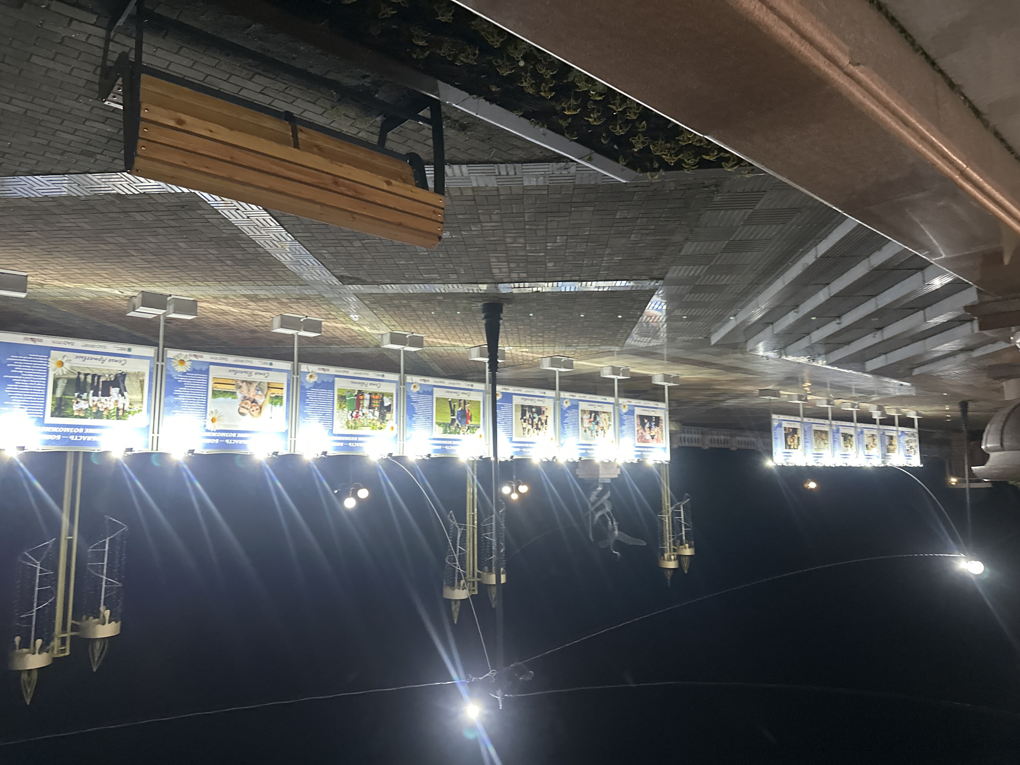 The image depicts an outdoor exhibition at night, possibly in Birobidzhan, Russia, given the Cyrillic text on the posters. The scene is illuminated by artificial lights, casting long shadows across the paved walkway and tiered stairs. Several large posters, displaying photographs and text, are arranged in a line. These posters appear to be part of a cultural or historical exhibit, featuring portraits of people and possibly community events. Decorative lampposts with multiple lights, some shaped like candles, stand behind the exhibition. A wooden bench is visible in the foreground, facing the exhibition. The ground is wet, suggesting recent rain. The overall atmosphere is quiet and contemplative.