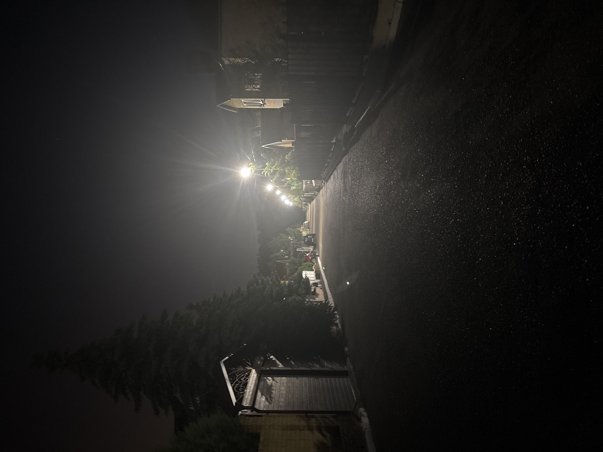 This is a nighttime, eye-level, full shot of a paved road in a residential area, possibly in Ореховка, Russia. The road curves to the left and is illuminated by streetlights. On the left side of the road, there is a dark wooden gate with an ornate metal archway and a brick fence. Tall evergreen trees are visible behind the gate and fence. On the right side of the road, there are wooden fences and the sides of houses. Further down the road, more streetlights and houses can be seen. There are a few vehicles parked or moving on the road in the distance. The sky is dark and hazy.