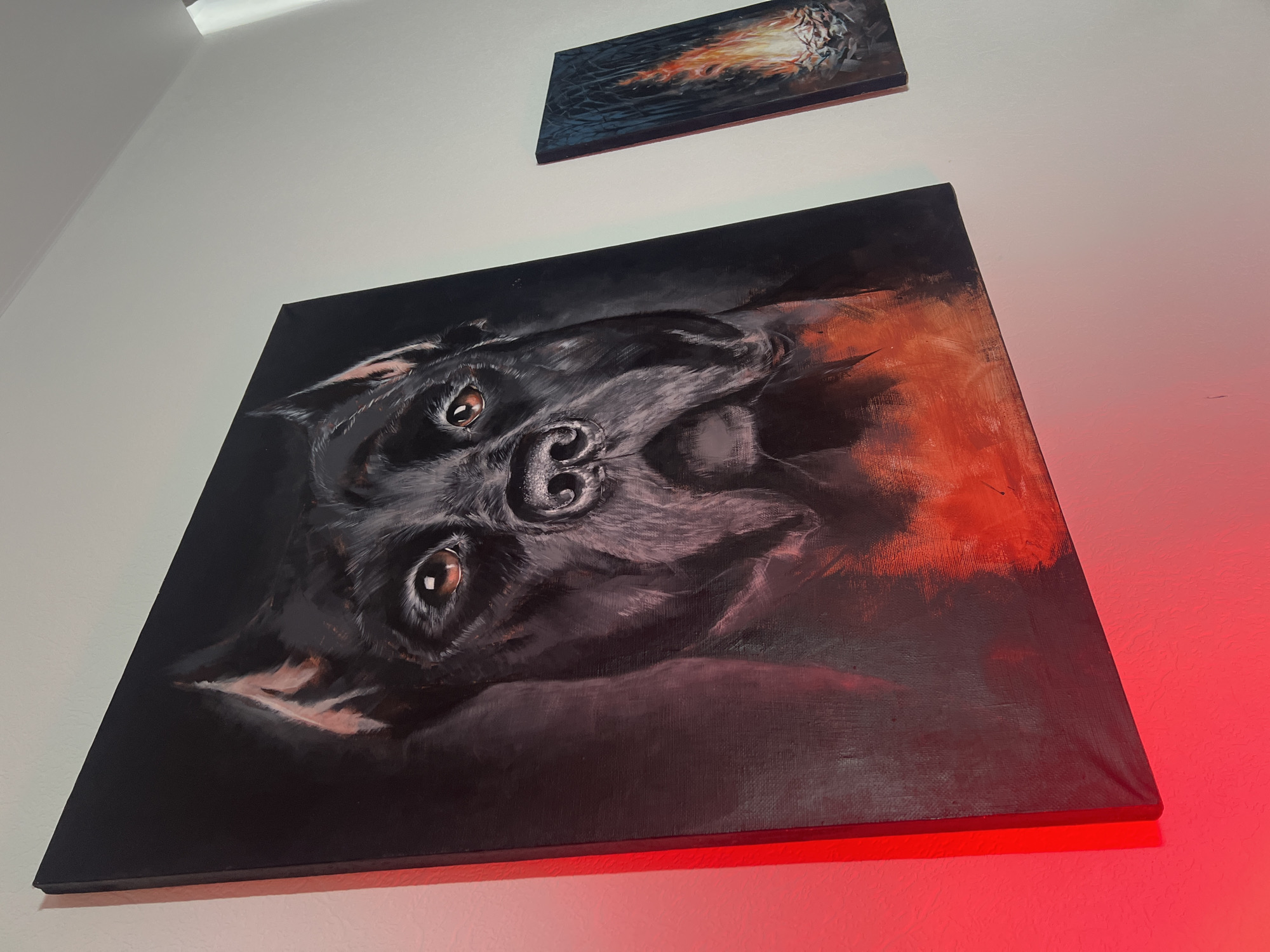 The image shows two paintings hanging on a white wall, likely indoors. The larger, lower painting features a dark-colored dog, possibly a portrait, with a red-orange area behind it. Above this, a smaller rectangular painting shows abstract shapes and colors, possibly depicting fire or an explosion. A red light source illuminates the lower right section of the wall. The location cannot be determined from the visual information provided. No people are visible.