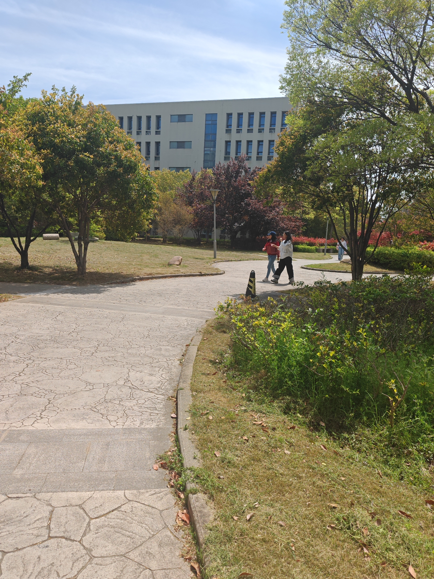 The image depicts an outdoor scene, possibly in a park or campus setting. A paved pathway with a cracked pattern is visible in the foreground, bordered by grass and shrubs. In the middle ground, two young women are walking along the path. One woman is wearing a red and white striped shirt, blue jeans and a dark blue baseball cap. The second woman is wearing a white sweatshirt and black pants. A black and yellow cone is next to them on the path. In the background, a modern building with multiple windows can be seen through the trees. The trees have green and yellow foliage, suggesting it may be autumn. It is located in the Jiangning District, China.